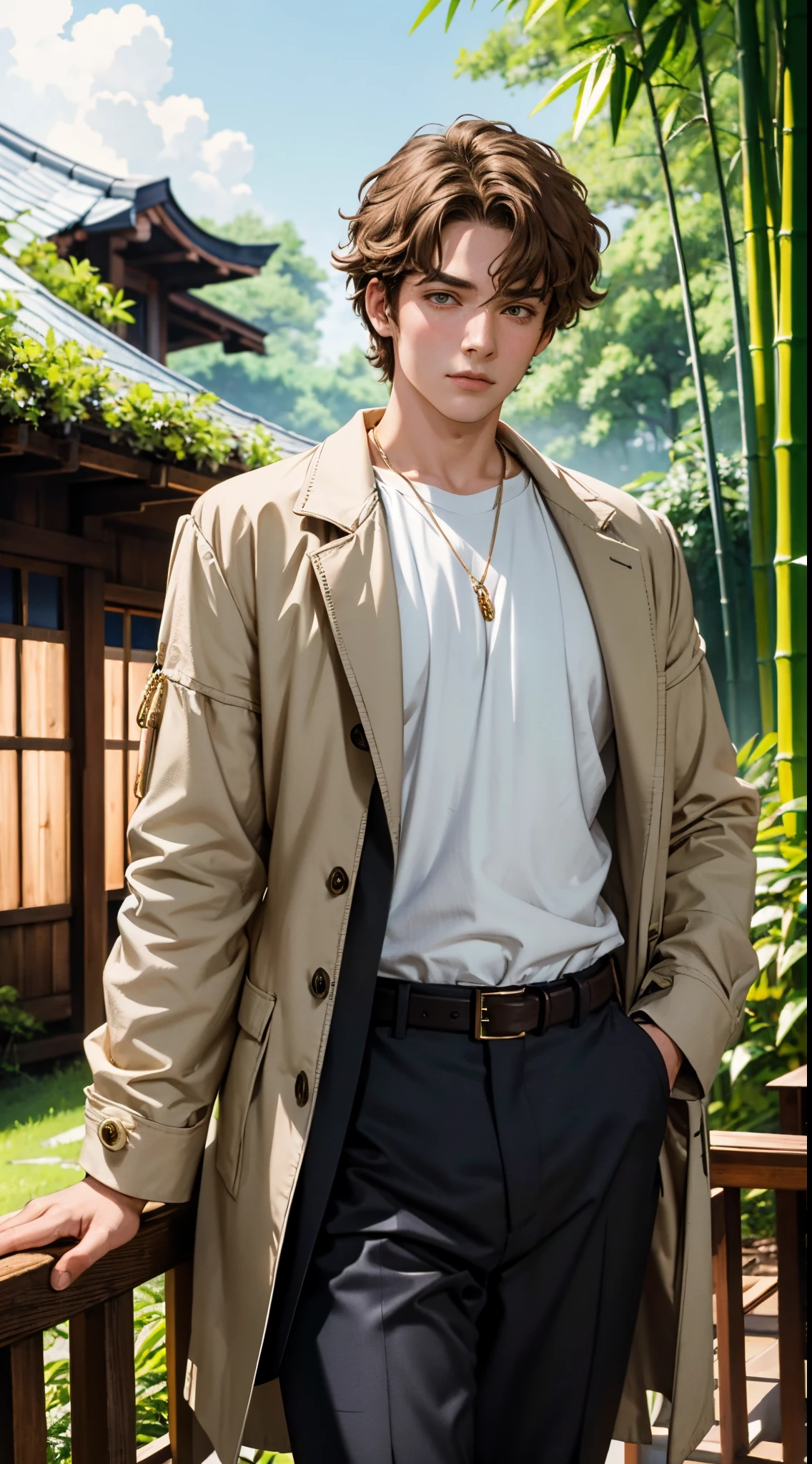 A man, short golden hair styled in an upward fashion, a tuft of hair bangs, a melancholic expression, sharp gaze, a playful smile, a two-piece fantasy-style Chinese outfit, a complexly layered white undershirt, a loose-knit outer coat, a yellow silk belt, coarse cloth trousers, the backdrop showcases a wooden house set in a bamboo forest, creating a refreshing and dreamy atmosphere, this character embodies a finely crafted fantasy-style wise in anime style, characterized by an exquisite and mature manga illustration art style, high definition, best quality, highres, ultra-detailed, ultra-fine painting, extremely delicate, professional, anatomically correct, symmetrical face, extremely detailed eyes and face, high quality eyes, creativity, RAW photo, UHD, 8k, Natural light, cinematic lighting, masterpiece-anatomy-perfect, masterpiece:1.5