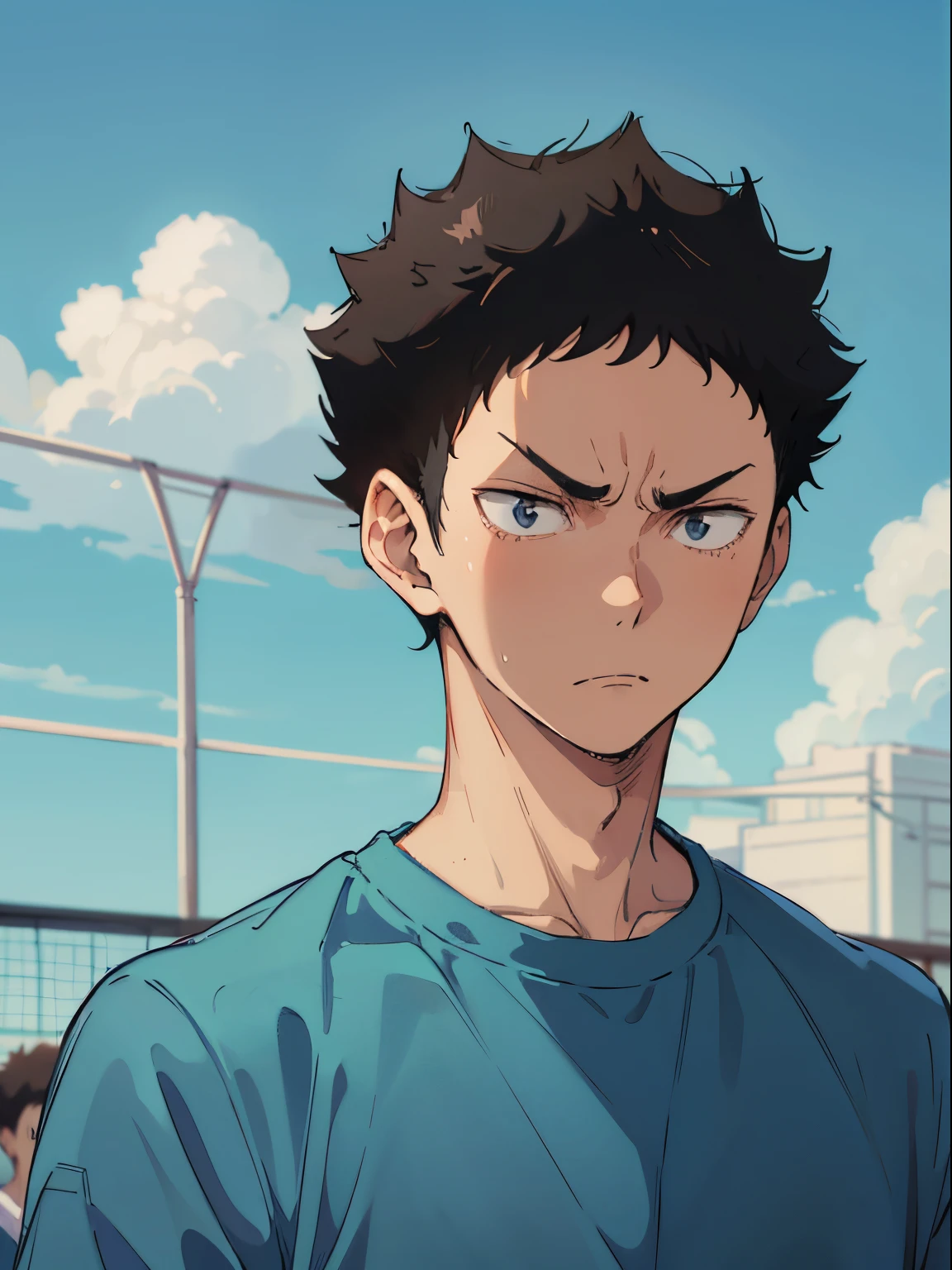 masterpiece, 1 man, iwaizumi, black hair, casual clothes, angry, cute, blue sky, volleyball, solo focus, upper body, perfect face