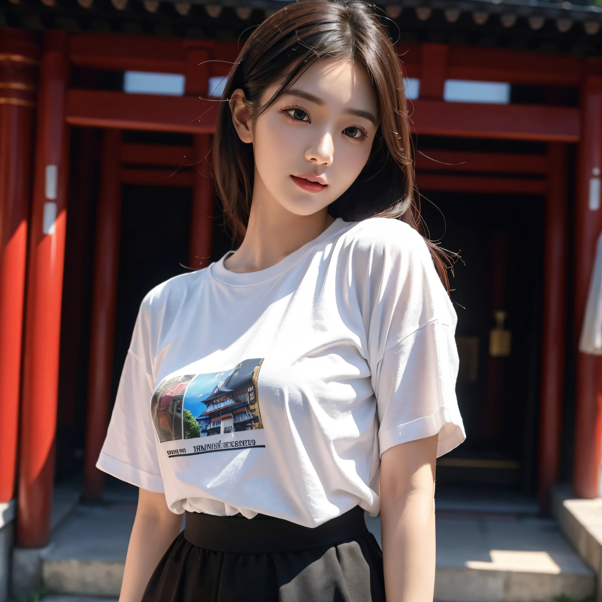 One beauty、((best qualtiy、8k masterpieces:1.3))、foco nítido:1.2、(ultra beautiful faces:1.0)、(shinny skin:1.0)、photos realistic、A dark-haired、Video Lighting、High-definition eyes and face、Video Lighting、Japanese actressl、from the front side、medium breasts、Smile、Slender Abs Beauty、Whole body、Kanji for Japan「tenderness」Wearing a T-shirt、At the shrine