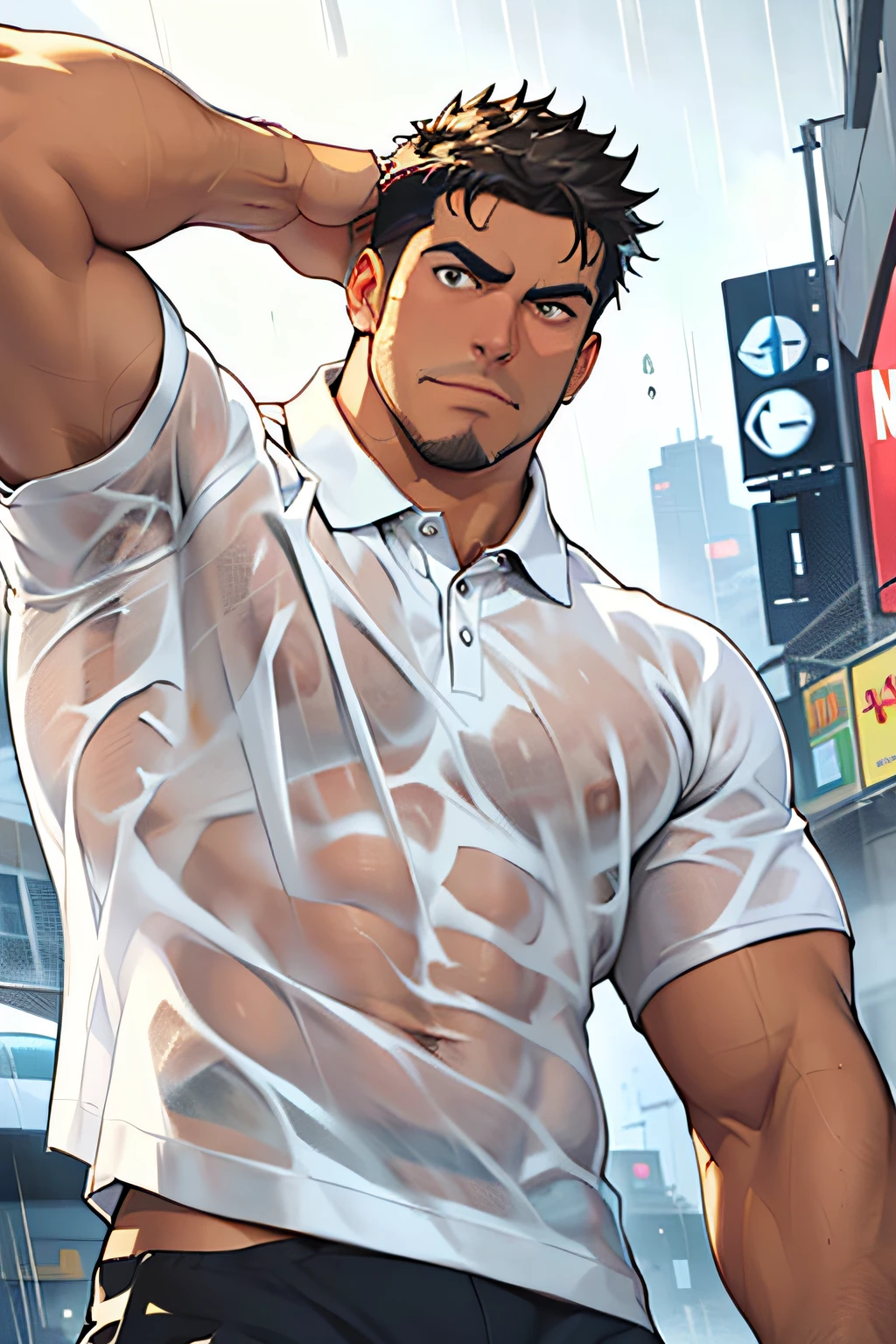 absurderes, hight resolution, 1male people, Yaoi, Stubble,clothes down, matured male, beefy,thick eyebrow, Male Focus, designed beard,Ultra-detailed eyes,hyperdetailed face,(All Back Hair:1.2)、(Very short hair:1.2),(hairarmpits:1.2)、(Angle from the front:1.2),(breast closeup:1.3),(hyper pecs:1.5),(Wearing a white polo shirt:1.2),(city in heavy rain:1.2),(worried look:1.3),(Look up:1.3)