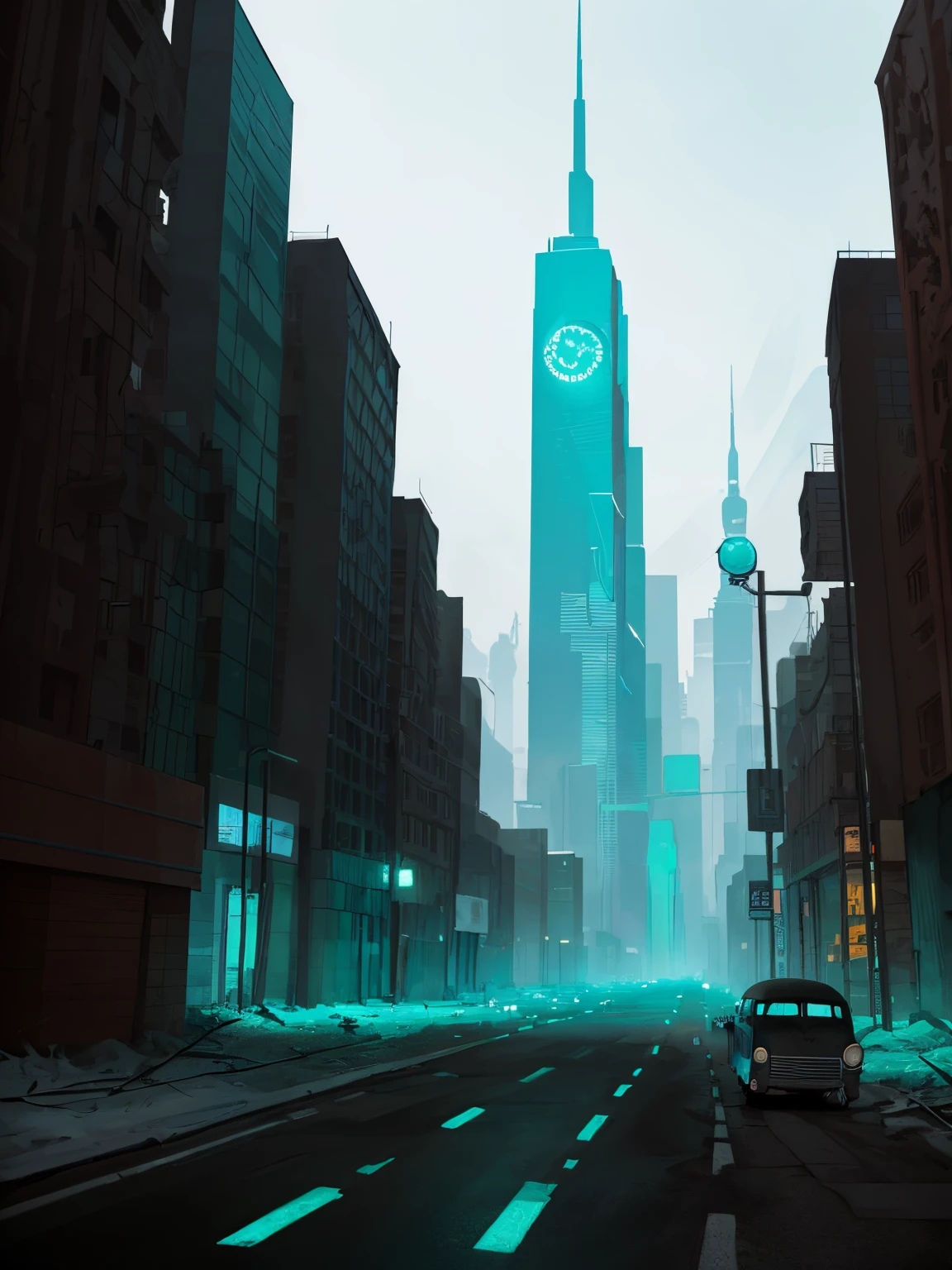 (masterpiece, 8k, ultra detailed), ian mcque style,vw bus, post-apocalypse, (in middle road:1.2), (turquoise theme color:1.2), (hex color #40E0D0)