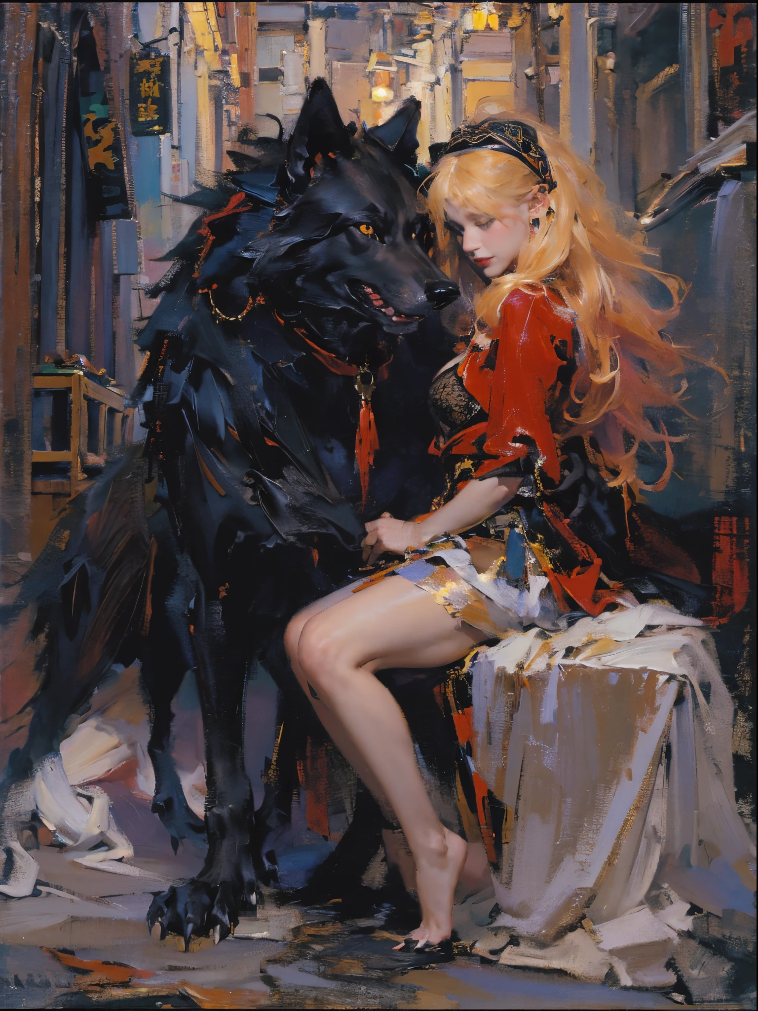 Depicts a powerful werewolf hugging a blonde girl，(((black humanoid wolf)))，(((Black furry humanoid wolf)))，(((beautiful sexy girl)))，(((Girls wear：red head band, cloaks, Large bra, a skirt, red long skirt，laced dress)))，((Sexual suggestiveness))，Correct anatomy，Detailed faces, 詳細な目，(((the right proportions)))，The city at night，The lights came on，(post impressionist),(Fechin Oil Painting - Fechin Oil Painting , oil painted), 05