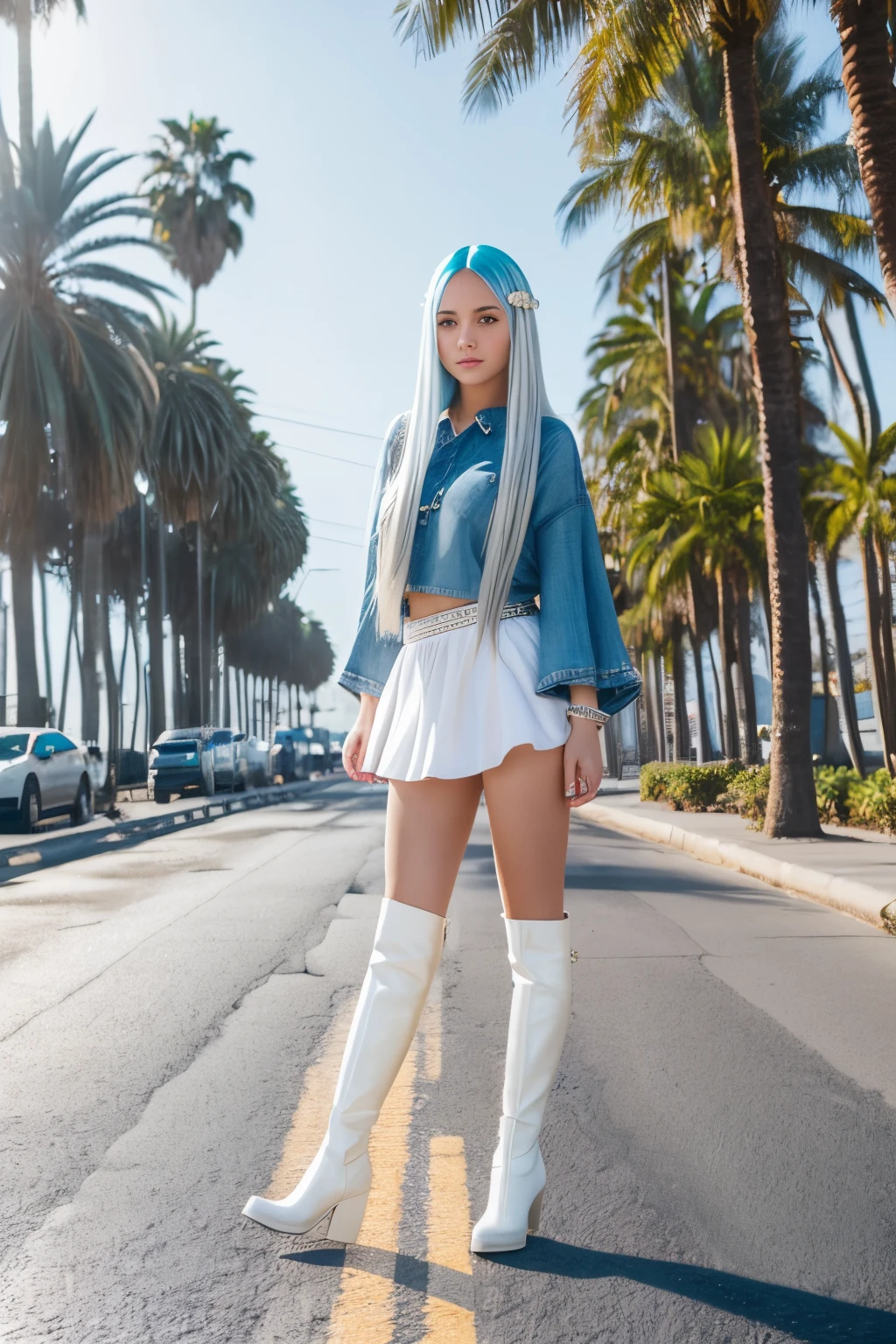 A beautiful young girl in a pearl-white mini skirt,long blue hair,a girl standing on the asphalt in long boots,behind splashes of water,palm trees,bright sun,clear skin detailing,clear focus,the best quality 8K,5D,