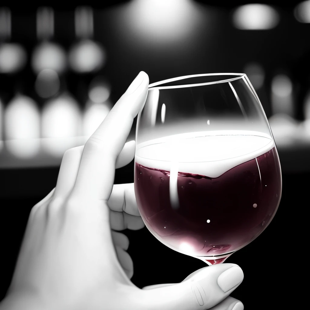 Wine glass close-up,hands close-up,Just a wine glass and hands,The background is a bar environment,Line drawings,black andwhite,cocktails,good looking hand,Orchid finger,The light is strong