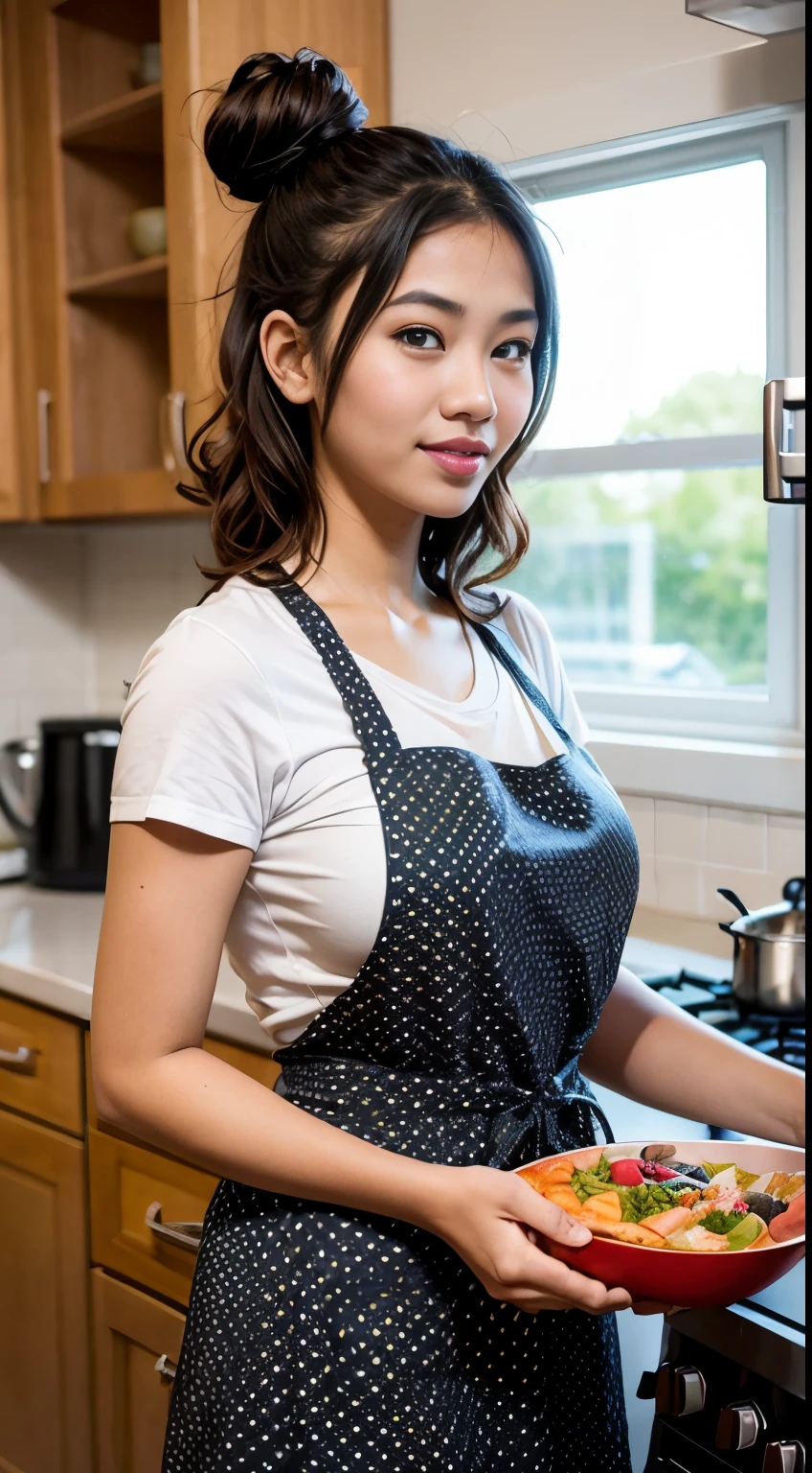 Malay girl ,Naked apron,Floral apron,Messy bun hair,Curly hair、black hair, Futomo, cooking in the kitchen, big breasts,