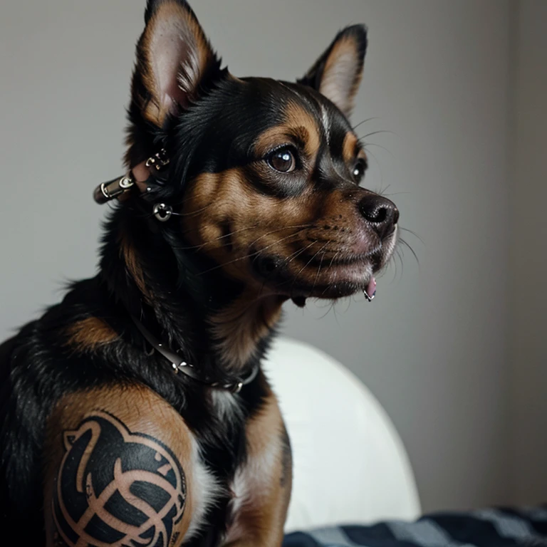 Chihuahua dog with piercings performing tattoos