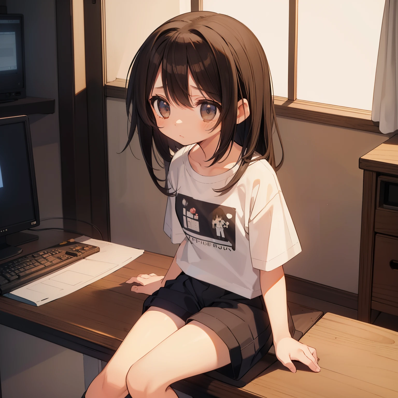 A 10-year-old girl、Sitting on、facing forward、Large ribbon at the back of the head.、hairlong、White T-shirts、panty、black shorts、The gap between the crotch、Tustok、brown shoes、soft tones、Every detail is explained in detail、High quality computer illustrations、best light and shadow、bright colours