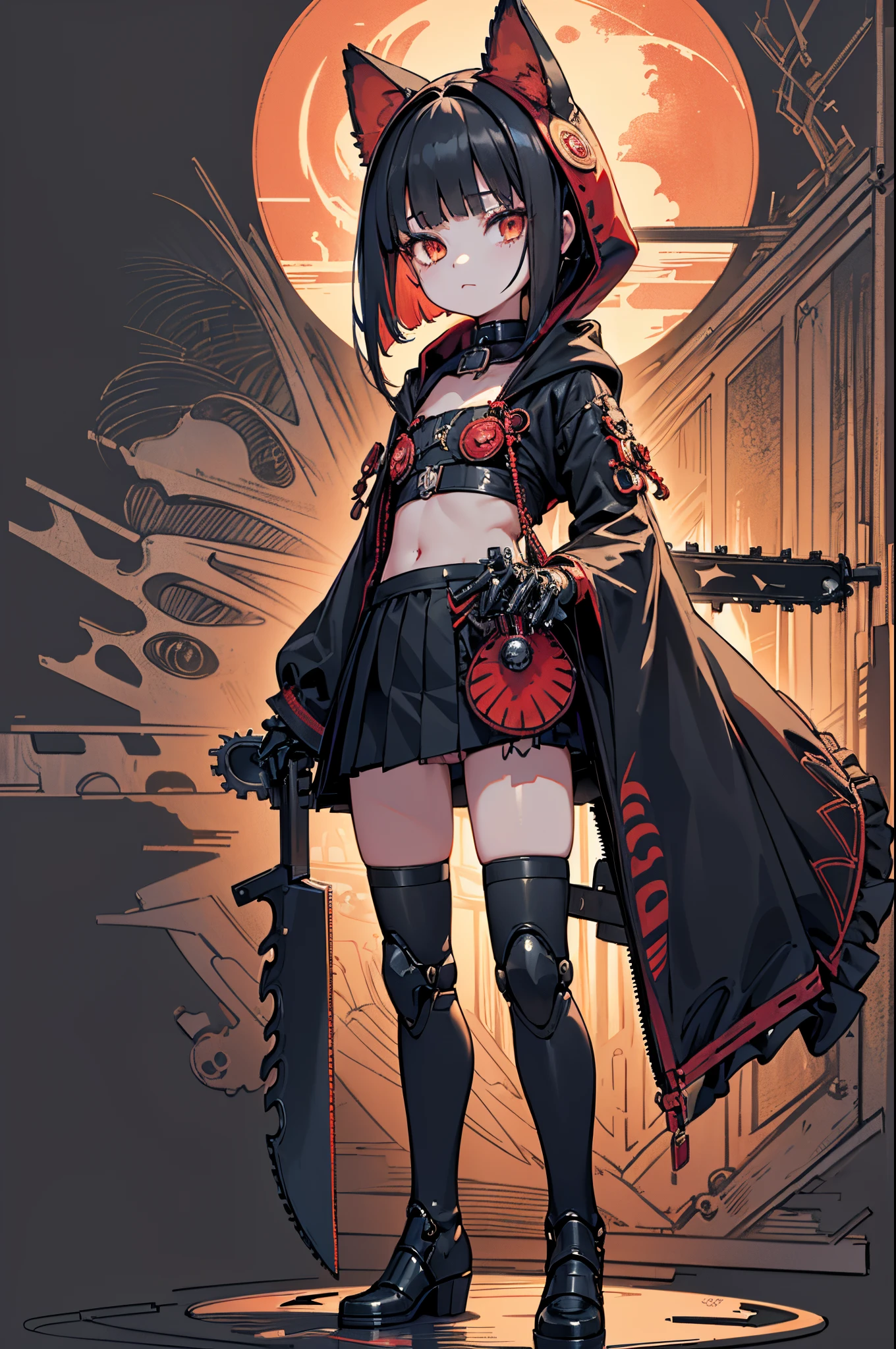 (masterpiece, top quality, best quality, official art, beautiful and aesthetic:1.2), 8K Wallpaper, (1 girl:1.4), extreme detailed, highest detailed ((ultra-detailed)), (highly detailed CG illustration), ((an extremely delicate and beautiful)), beautiful scene, dark fantasy, Forest of Curses background, night, (from front),
((1mechanical girl:1.2)), (li:1.5, child:1.5 10yo:1.5), ((Perfect hands, Detailed fingers, Detailed eyes, Perfect legs, Detailed legs)), solo, full body, ((machine made joints:1.3)), Doll joints, ((All mechanical limbs:1.3)), Doll limbs, Doll Body, ((mechanical attachment to neck:1.2)), (standing:1.3, standing pose, upright stance), expressionless, (character focus), Perfect Anatomy,
(navel, naked breasts, covering naked chest by band-aid, revealing clothes, bare waist, knee-high boots, thong, lace panties, side tie panties, low rise panties:1.3), (Flat chest:1.5),
((Frilled hood:1.4, KITSUNE mask Person wearing KITSUNE mask on face:1.5, fusion gothic collar and gothic sleeves:1.3, gothic choker)), full-face-mask, hood up,
((holding chainsaw:1.3, extremely huge chainsaw in hands:1.2, mechanical circular saw)),
(Very decorative intricate horror fashion, overly decorative fashion),
fluffy bob cut hair, (Blunt bangs), ((Black hair, Red inner hair:1.3)), (medium bob hair), pale skin,
(Forest of Curses background, a woman standing on the blood), looking at viewer,