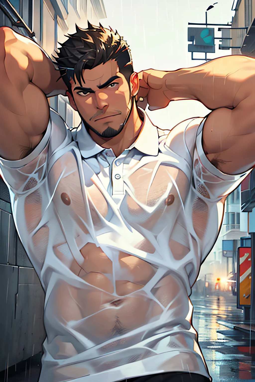 absurderes, hight resolution, 1male people, Yaoi, Stubble,clothes down, matured male, beefy,thick eyebrow, Male Focus, designed beard,Ultra-detailed eyes,hyperdetailed face,(All Back Hair:1.2)、(Very short hair:1.2),(hairarmpits:1.2)、(Angle from the front:1.2),(breast closeup:1.2),(hyper pecs:1.5),(He is wearing a white polo shirt that is fully buttoned.:1.2),(city in heavy rain:1.2),(worried look:1.3)