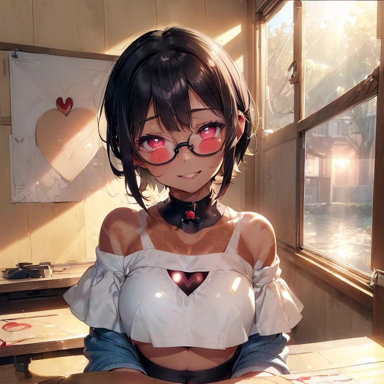 1girl,18yo,perfect hands, perfect finger,perfect anatomy, masterpiece, best quality,realistic, hyperrealistic, 16k hdr,, aamii, short hair, black hair, blue eyes, glasses, (no bra,see through nike tanctop,no panty:1.2),bedroom, from below,standing,(sweat:1.3),(red blush, smile),large breasts,upper body,necklace,(leaning forward ,all fours:1.2)