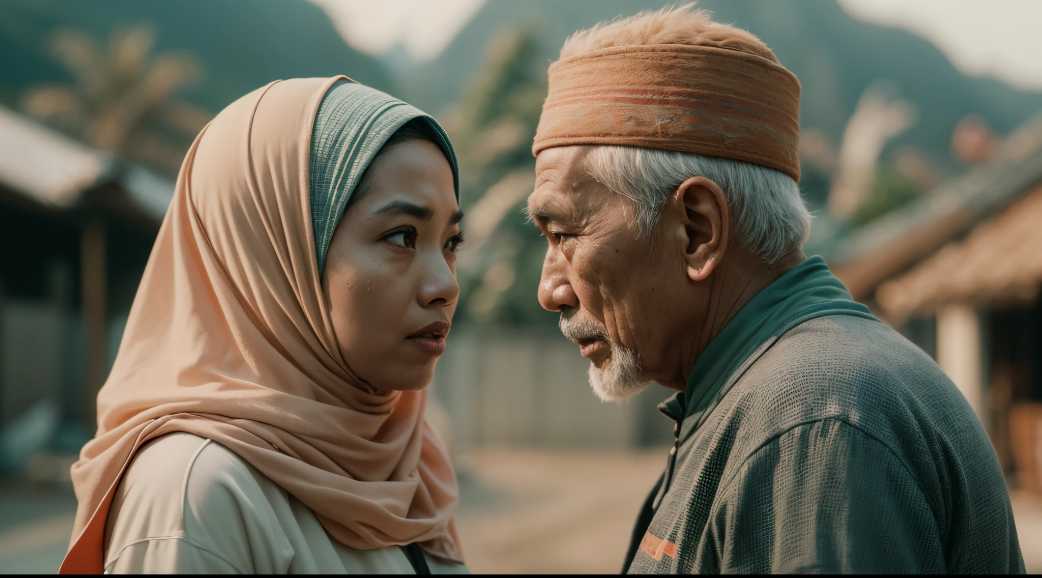 a film still of 1 malay girl in hijab and 1 malay old man in sport attire having an argument in malay village, 35mm, over-the-shoulder shot,cool-toned color grading, depth of field cinematography effect, Natural Lighting, high quality, ultra detail, 8k resolution,  in the style of Grand Budapest Hotel directed by Wes Anderson , low saturation, 28mm lens, Establishing shot, High Contrast cinematography effect, Natural Lighting, Desaturate color grading, high quality, ultra detail, 8k resolution,