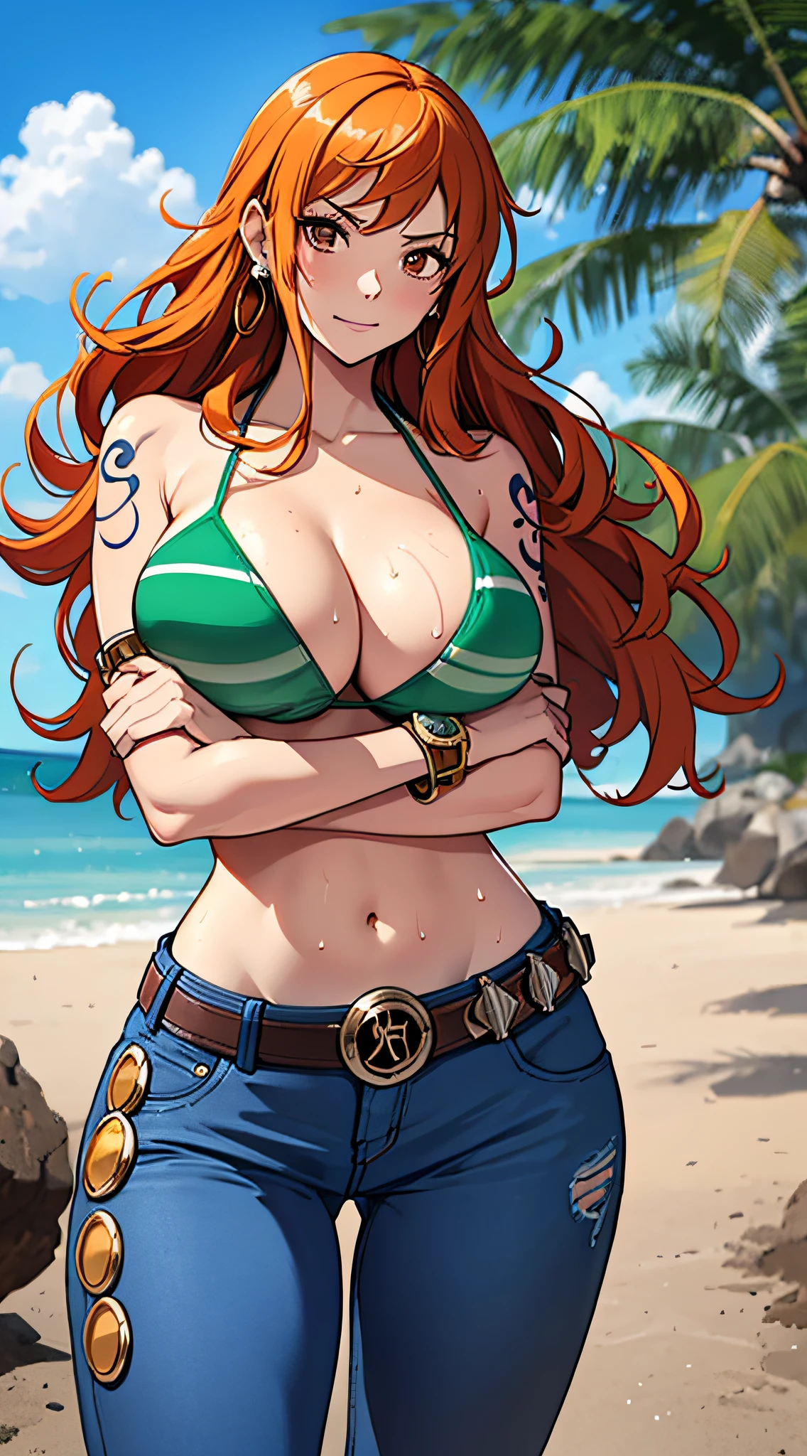 nami \(one piece\), 1girl, bangle, bangs, bare shoulders, belt, bikini, bikini top only, bracelet, breasts, brown eyes, bubble, cleavage, denim, earrings, floating hair, green belt, green bikini, groin, jeans, jewelry, (large breasts:1.9), big breast, long hair, looking at own body, navel, orange hair, pants, shoulder tattoo, sidelocks, sky, smile, solo, stomach, swimsuit, tattoo, angry, crossed arms, (sweaty:1,2), shy, flusttered, (((masterpiece)))