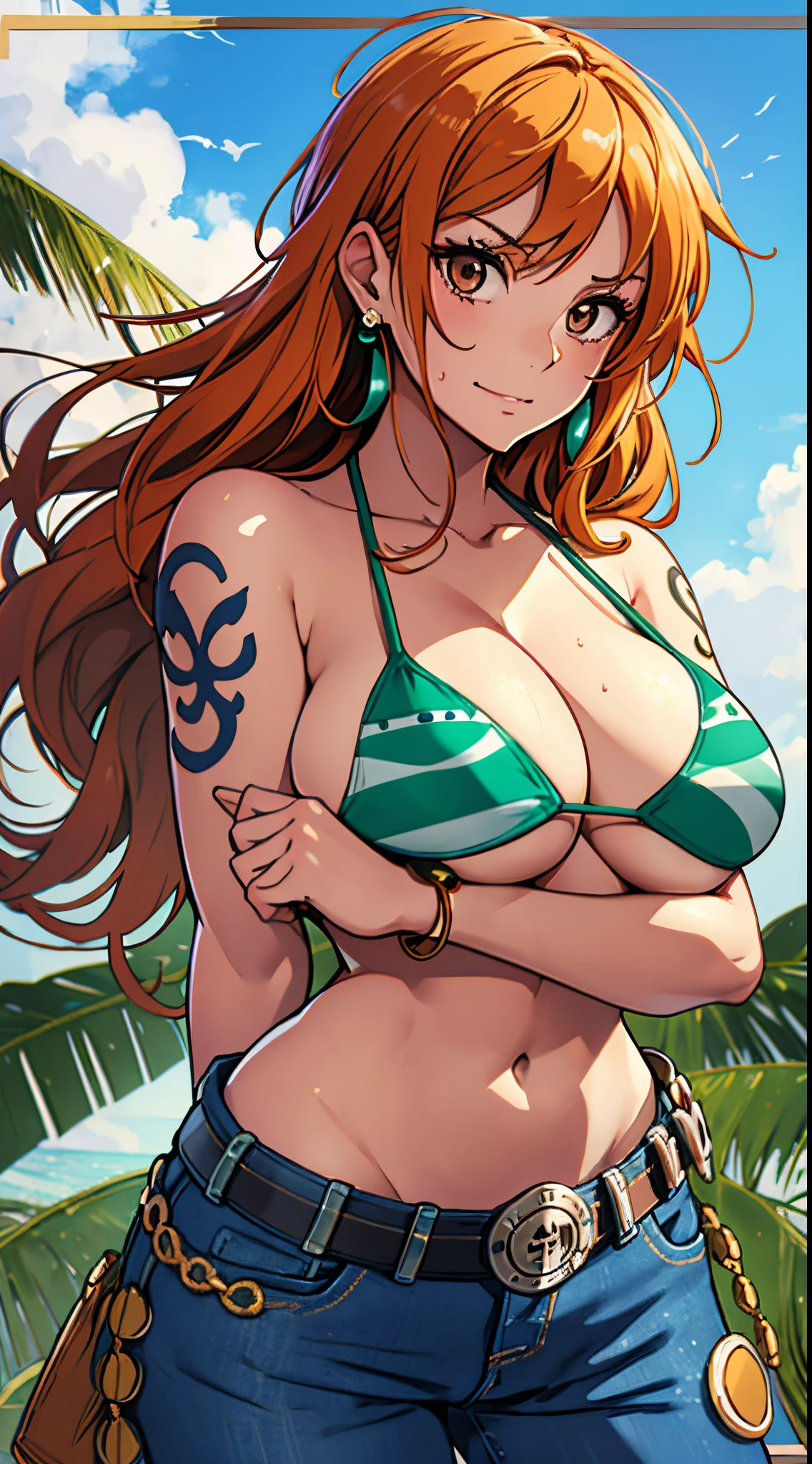 nami \(one piece\), 1girl, bangle, bangs, bare shoulders, belt, bikini, bikini top only, bracelet, breasts, brown eyes, bubble, cleavage, denim, earrings, floating hair, green belt, green bikini, groin, jeans, jewelry, (large breasts:1.9), big breast, long hair, looking at own body, navel, orange hair, pants, shoulder tattoo, sidelocks, sky, smile, solo, stomach, swimsuit, tattoo, angry, crossed arms, (sweaty:1,2), shy, flusttered, (((masterpiece)))