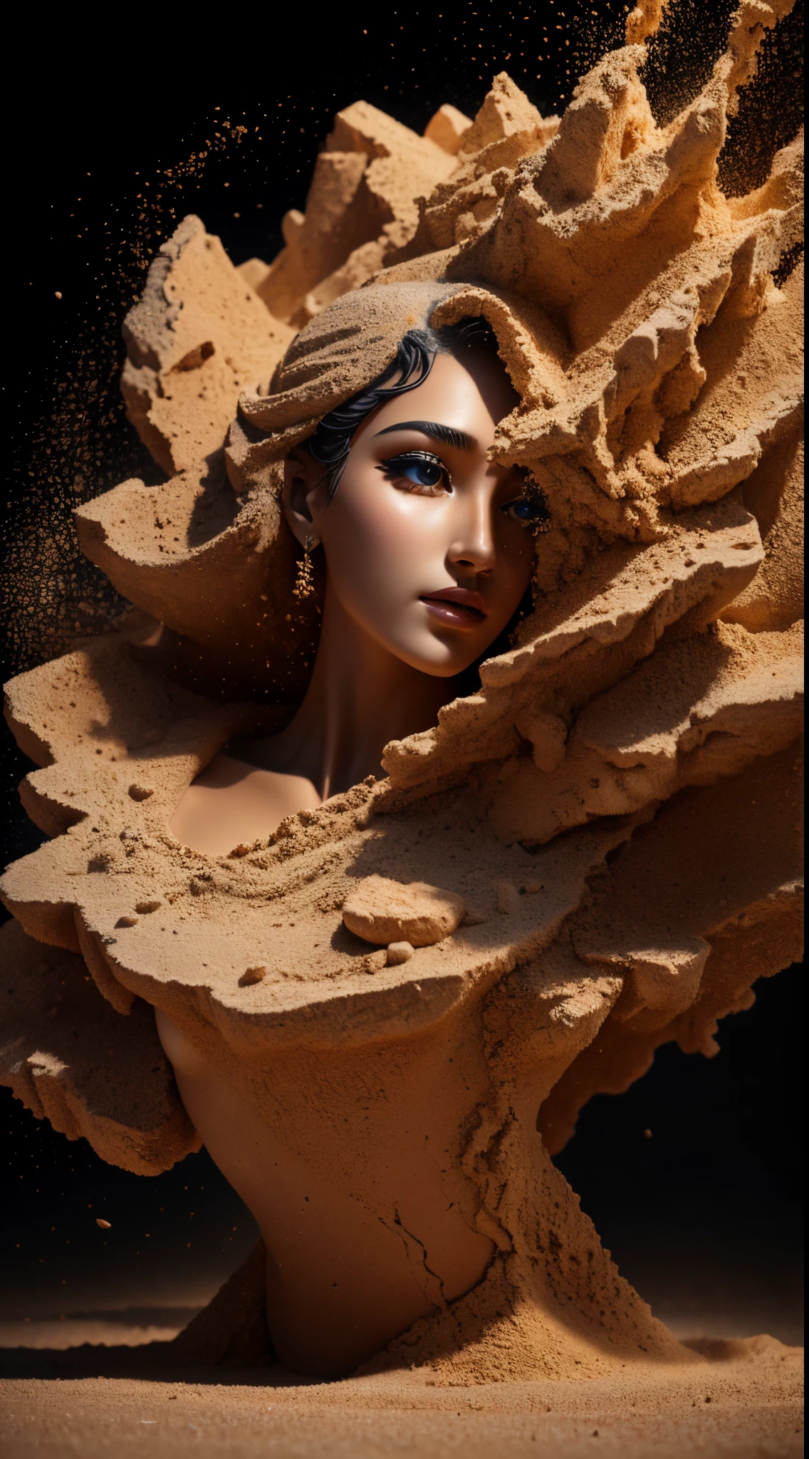 ultra detailed shot of a sculpture made of stone and sand in a female shape, dust explosion, motion effects, colorful dust, studio lights, ultra sharp focus, high speed shot, soft colors, UHD, 16k