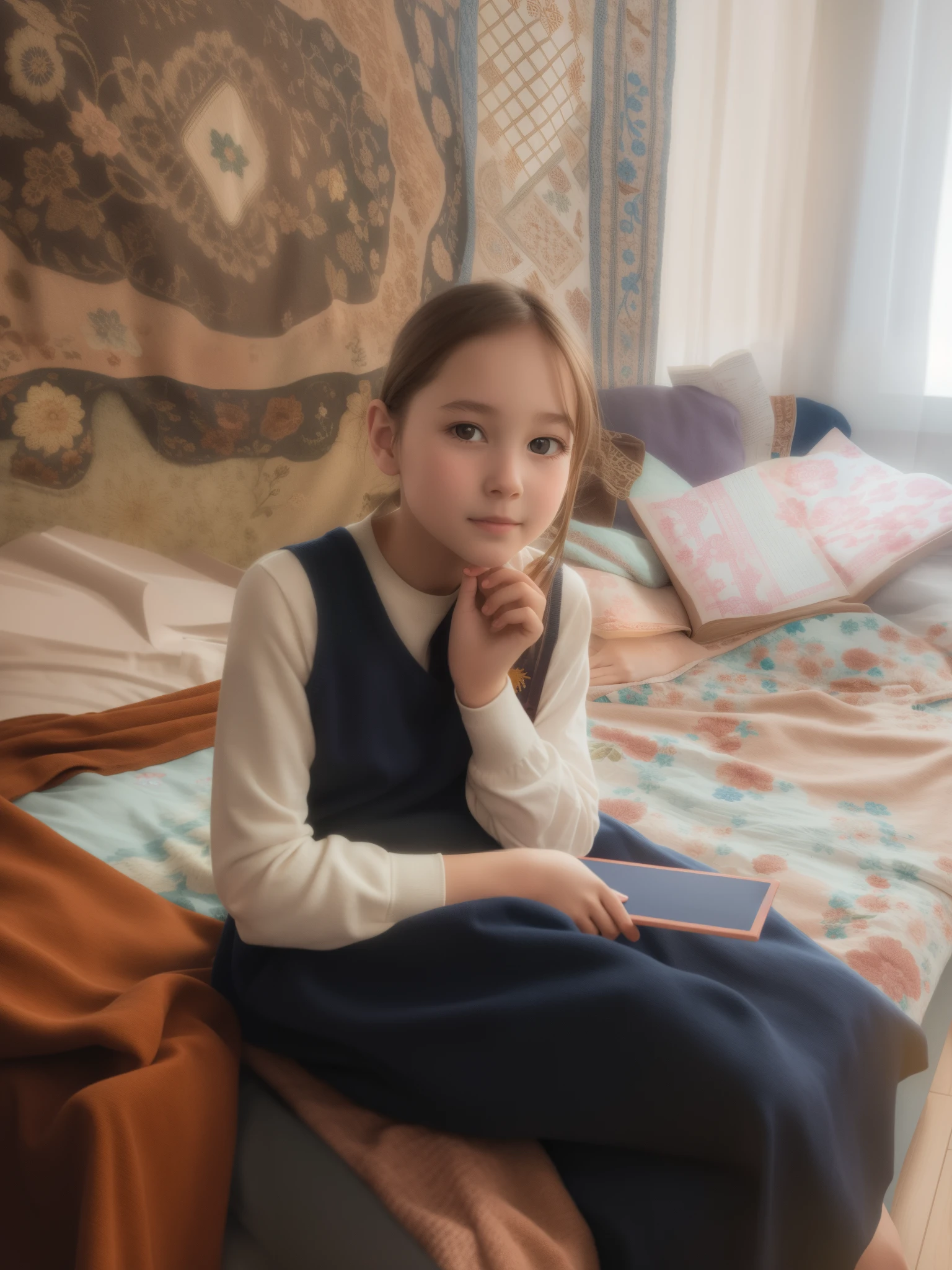 a young girl sitting on the bed with a book, Girl photo, ekaterina, 8K))