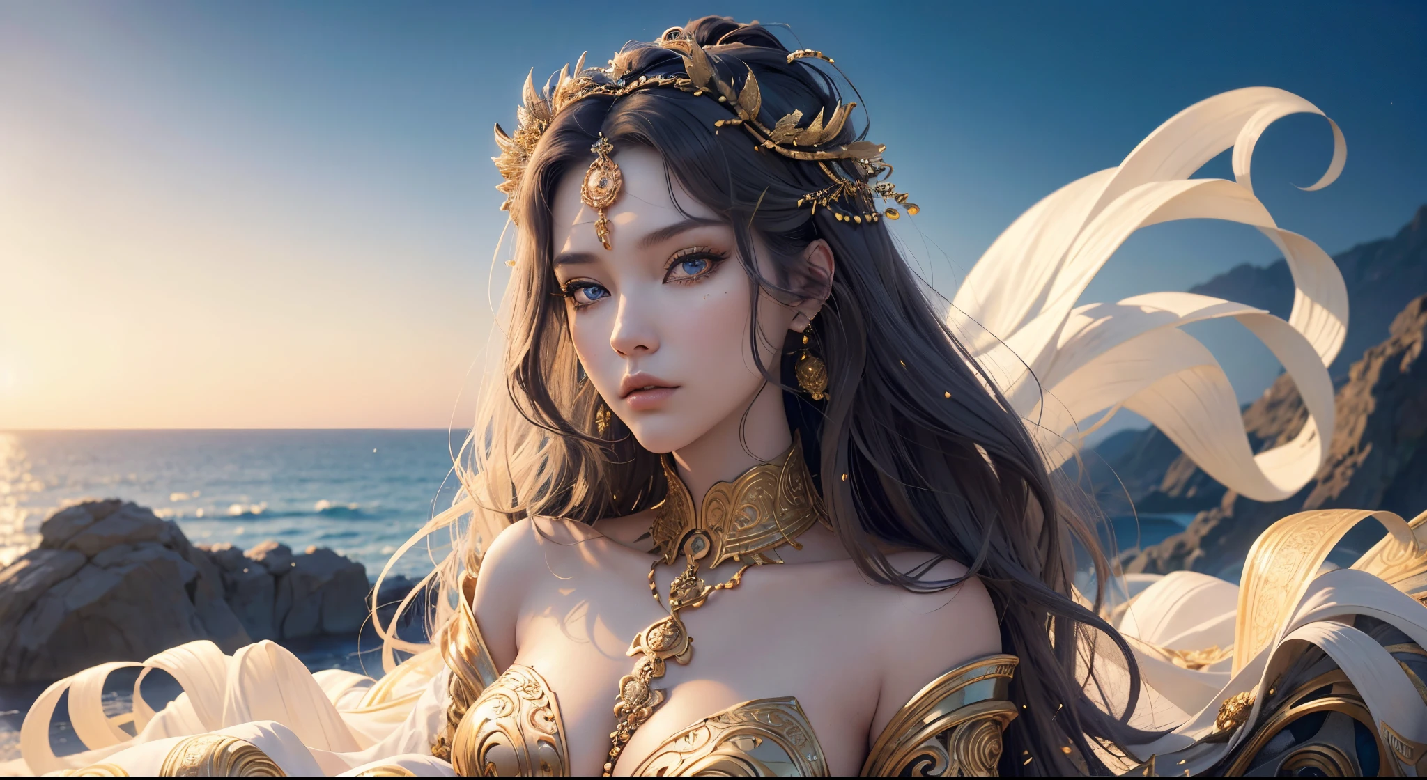 Absurd, ultra-detailed, high quality, masterpiece, detailed face, beautiful eyes(detailed eyes), Greek mythology, Goddess, Hera , the queen of the gods, striking and captivating, features are classically beautiful, with high cheekbones, a perfectly proportioned face, eyes depicted as large and captivating, hold an intense gaze, golden hair , Gole hair is luxuriant and flowing, cascading down her back in waves , wearing elegant robes adorned with intricate patterns , Her beauty is not merely superficial but embodies the essence of power, authority, and regality.