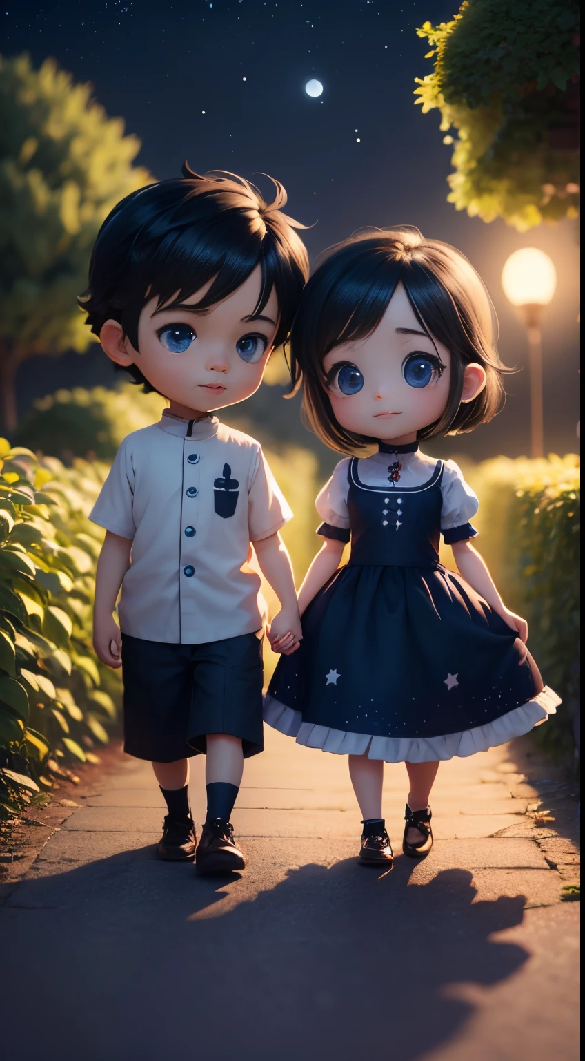 Characters: cute mini girl and cute mini boy, lovely couples, traditional dress, cute blue eyes, black hair, cute face, small chibi characters, 8k, 3D animation. Background: beautiful garden, road, trees, night, moon, stars.