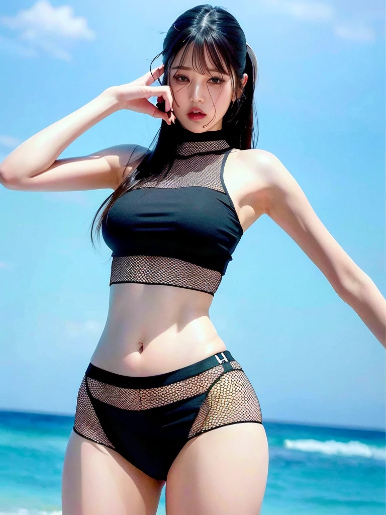 HD, 4K, 8K, 1 woman, fishnet top, fit, medium breast, thick thighs, sediuctive smirk, thin lips, thick eyebrows, bangs, look at viewer