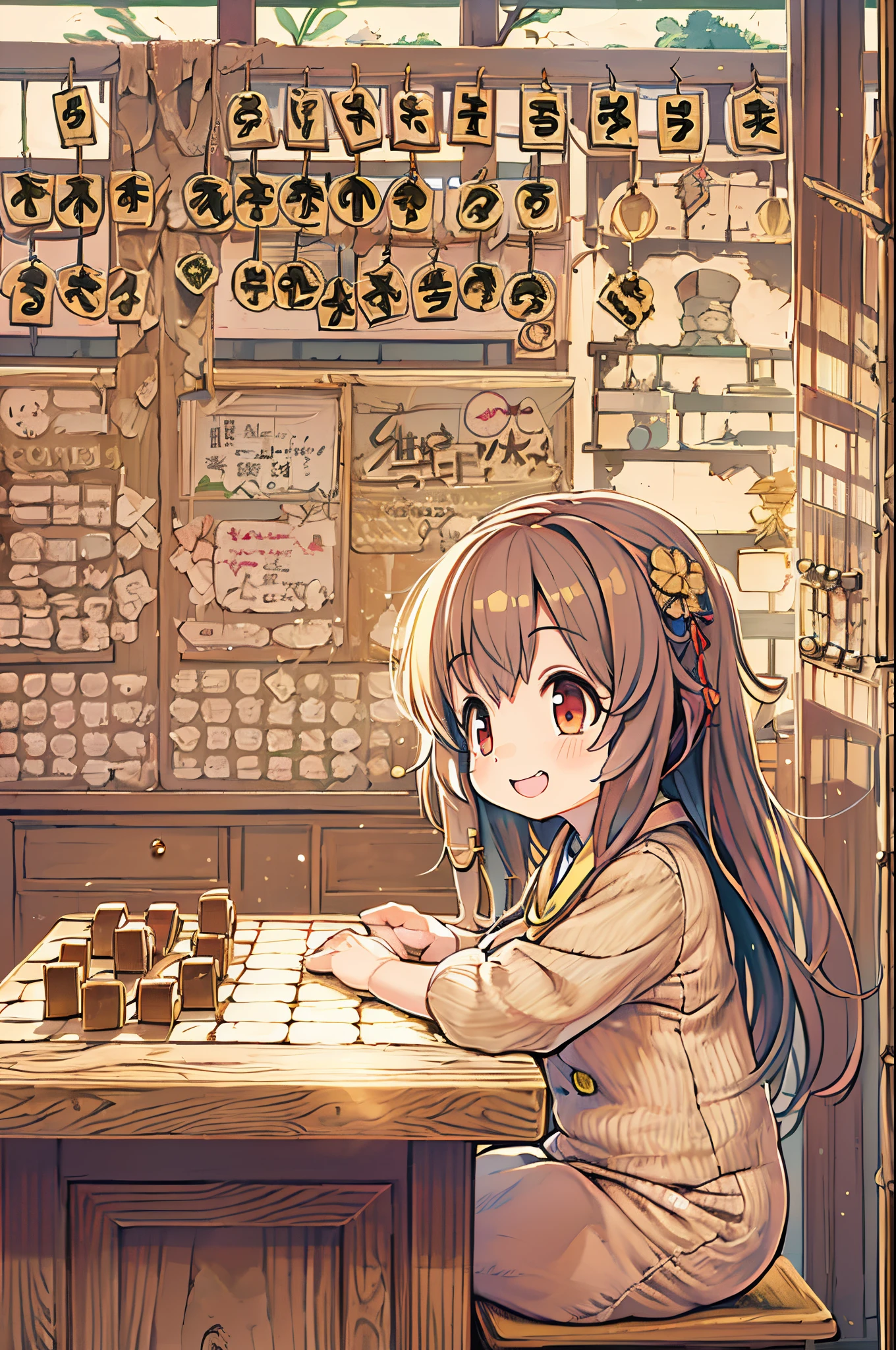 huge-breasted、kawaii、8 years old girl、A huge smile on my face,Chibi, beautiful anime scene, Anime landscapes, Anime Background, Beautiful anime scenery, Beautiful peace scenes in anime, Playing shogi、Shogi Hall