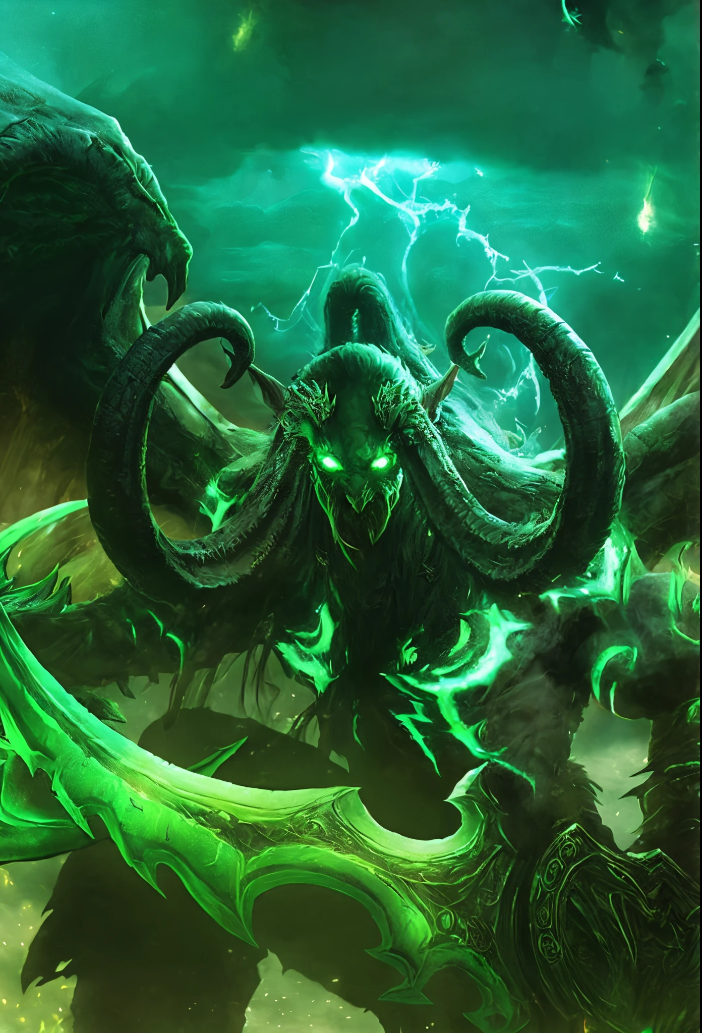 Close up of a demonic creature with a big green head, World of Warcraft splash art, World of Warcraft art, Blizzard Warcraft Artwork, Blizzard Warcraft, warcraft artwork, world of warcraft, from world of warcraft, heroes of the storm splash art, Inspired by Blizzard games, warcraft blizzard weapon art, from warcraft, World of Warcraft art style, world of warcraft