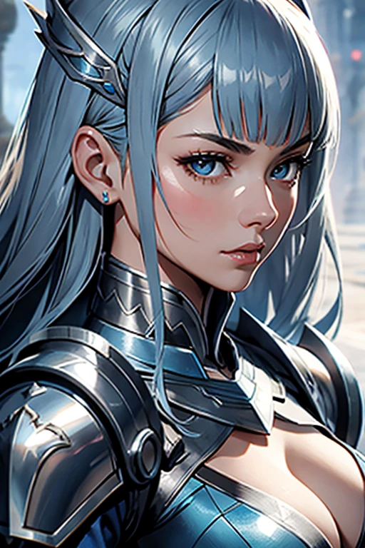 close up shot of a woman in a silver and blue dress, silver armor, chengwei pan on artstation, by Yang J, detailed fantasy art, stunning character art