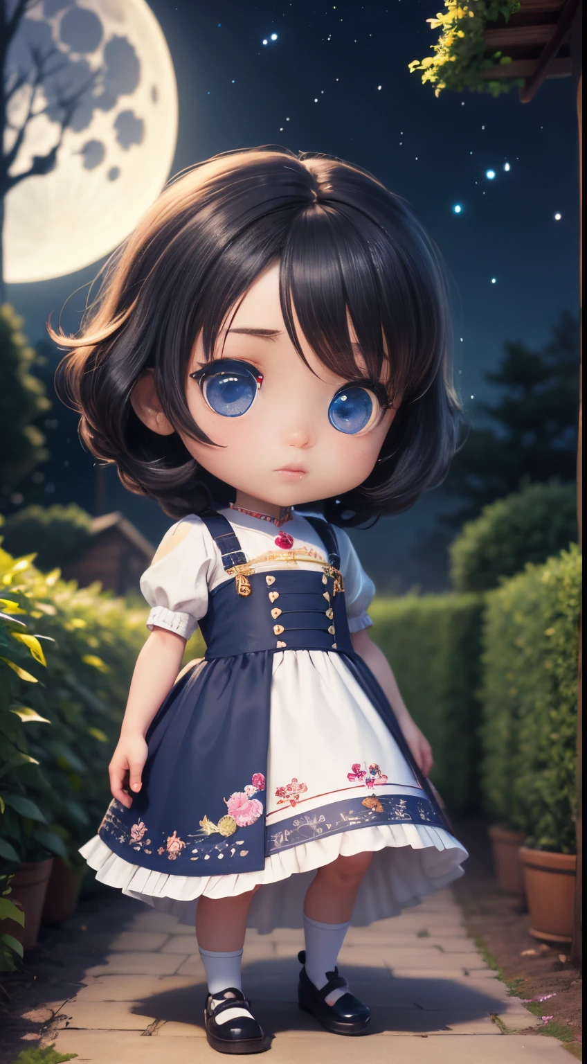 Characters: cute mini girl and cute mini boy, lovely couples, traditional dress, cute blue eyes, black hair, cute face, small chibi characters, 8k, 3D animation. Background: beautiful garden, road, trees, night, moon, stars.