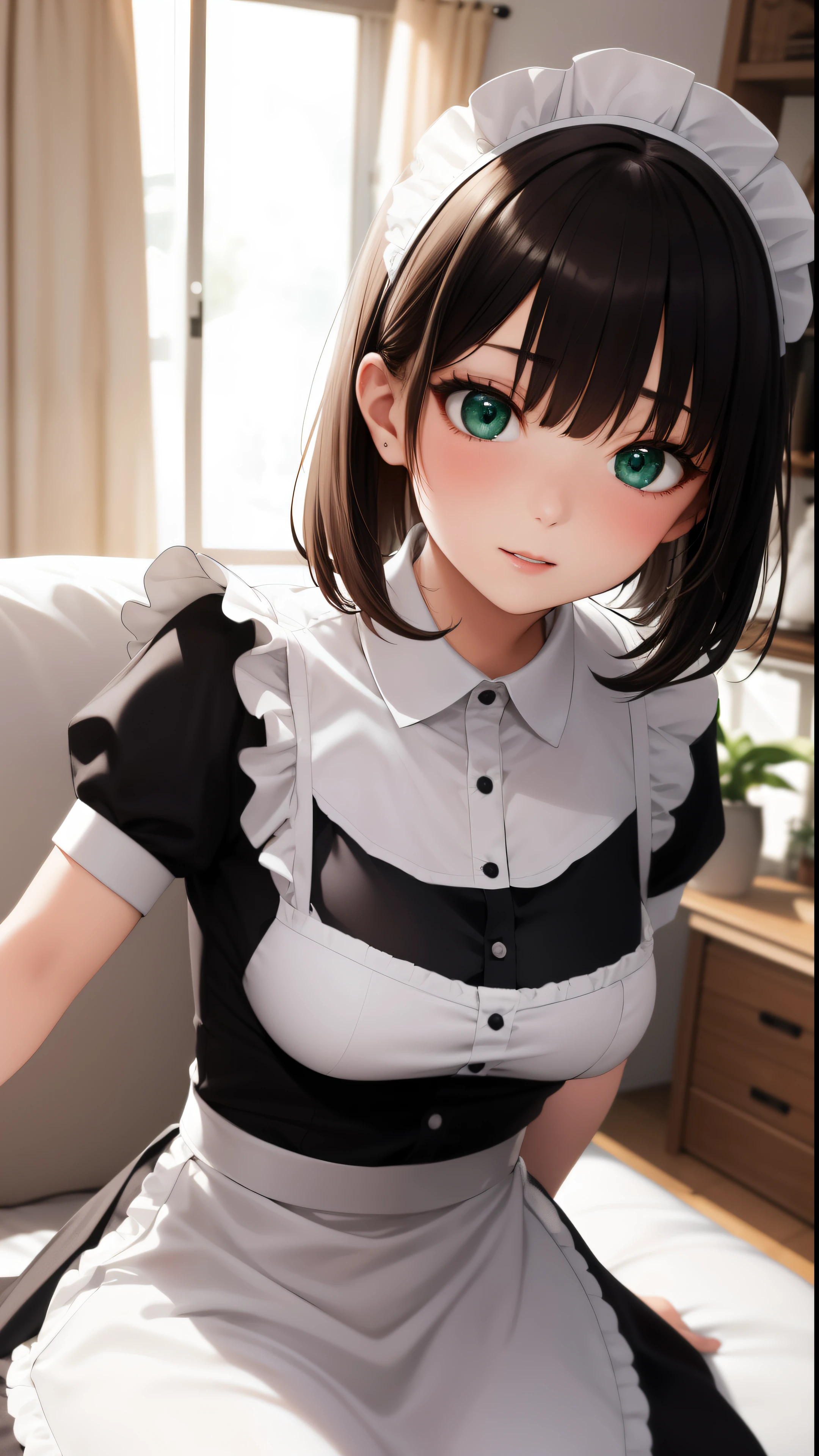 (top-quality)、(detaileds)、(1 girl in)、Colossal tits、livingroom、looking at viewert、Beautiful green eyes、A dark-haired、detaileds、maid clothes、black and white maid uniform、Highly exposed、Bend over in a deep valley、embarrassed from