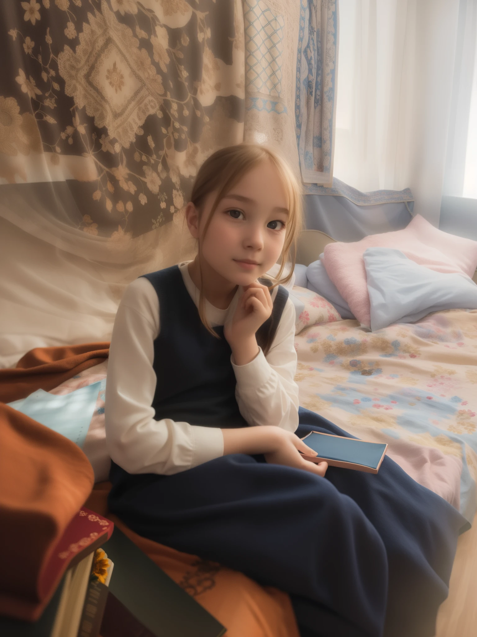 a young girl sitting on the bed with a book, Girl photo, ekaterina, 8K))