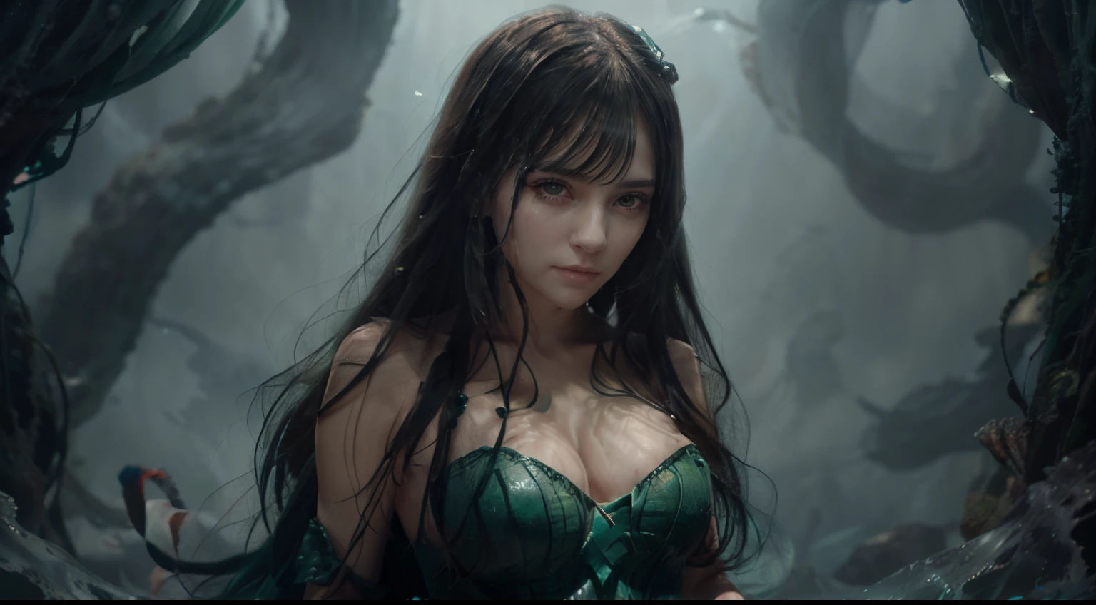 a picture of a sea witch, long green hair, evil, villain, she is coming to you, up close, dark ocean,( underwater:1.1), lightning, bright eyes, wearing a dress made of algae, tentacles, octopus, (up close:1.3)