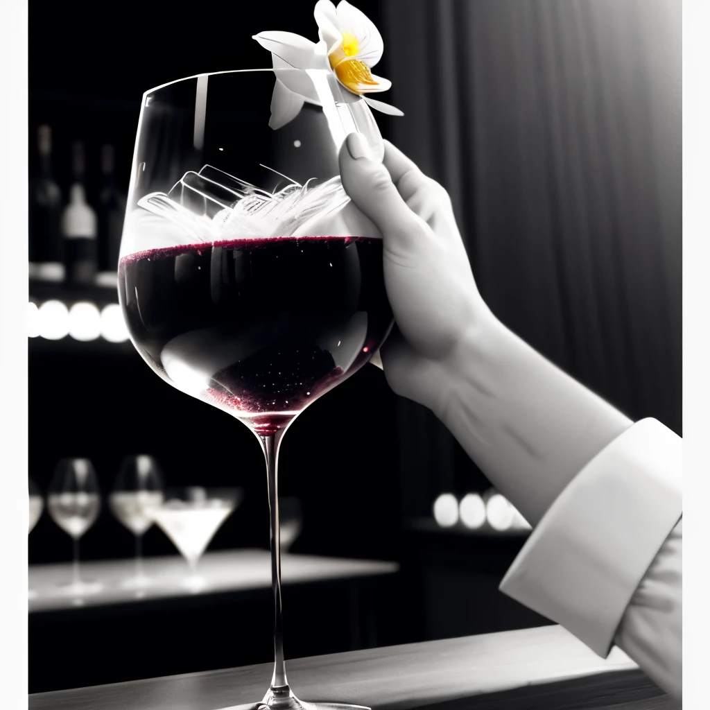 Wine glass close-up,hands close-up,Just a wine glass and hands,The background is a bar environment,Line drawings,black andwhite,cocktails,good looking hand,Orchid finger,The light is strong