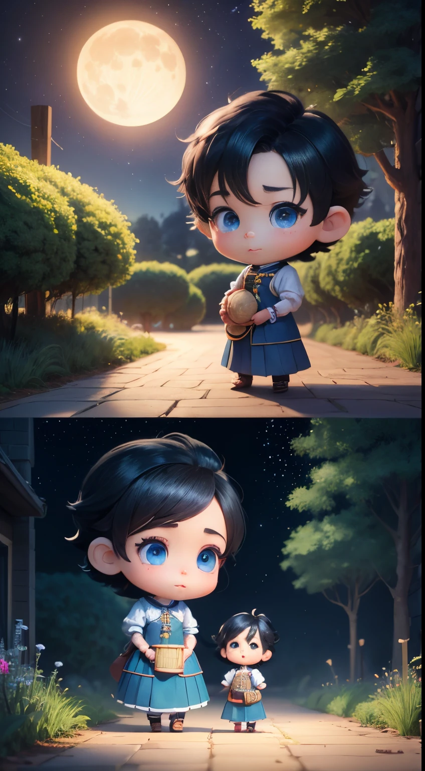 Characters: cute mini girl and cute mini boy, lovely couples, traditional dress, cute blue eyes, black hair, cute face, small chibi characters, 8k, 3D animation. Background: beautiful garden, road, trees, night, moon, stars.