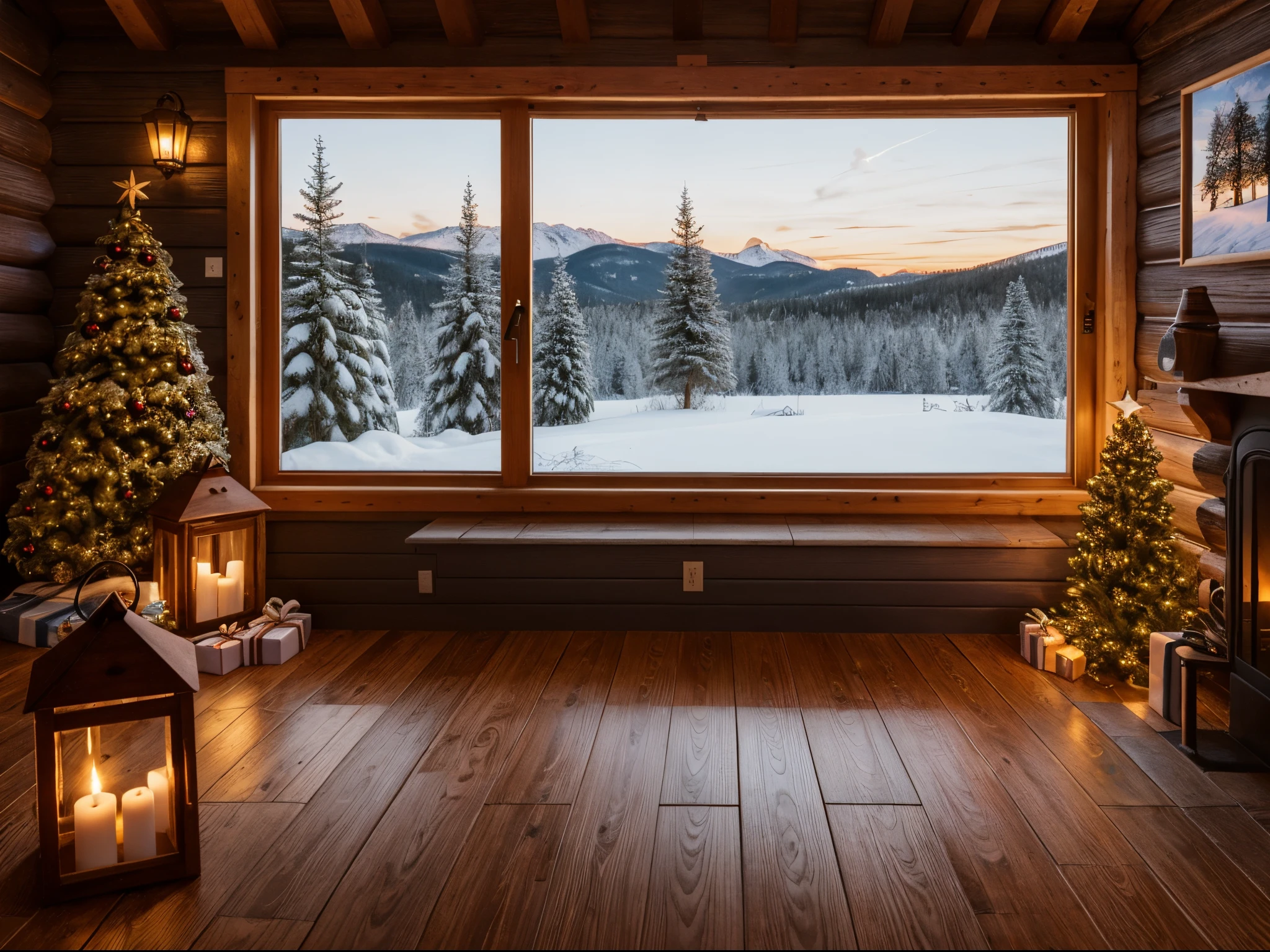 (best quality,highres:1.2,ultra-detailed,realistic),wooden cabin interior,window showing winter night,warm fireplace,cozy atmosphere,snow-covered landscape outside,crackling firewood,burning logs,soft candlelight,golden glow,star-filled sky,wood textures,comforting blankets,comfy armchair,hot chocolate,melting snowflakes,peaceful silence,decorative wreath,holiday decorations,flickering candlelight,cozy winter retreat,warm hearth,woolen socks,crisp air,quiet snowy night,winter wonderland,log cabin charm,vintage decorations,frosty window panes,soft glow of moonlight,dreamy ambiance,steaming hot tea,roaring fire,alpine getaway,winter solstice,serene setting,natural beauty,romantic hideaway,woolen mittens,quiet solitude,enchanting night scene,cabin in the woods,captivating tranquility, ((flat wooden surface as foreground of the image:1.4)).