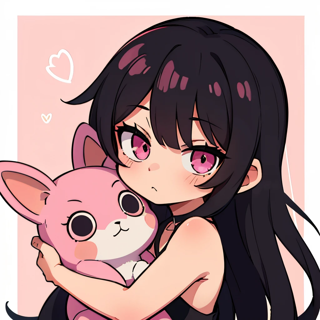 1girll，tchibi，Buffy，mano，V logo，beckon, Love you，Black long hair，Pink color eyes，Gradient hair color, hugging a stuffed rabbit