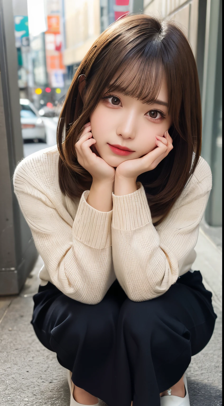 NSFW,highest quality,excellent details,ultra high resolution,Beautiful Japan woman in perfect style、light brown hair、natural soft light、Highly detailed face and skin texture、double eyelid,long sleeve,{Place one elbow on the desk and place your hand on your chin:1.5},squat,No panties,between legs,show your pussy,shaved pussy,spread legs,thighs
