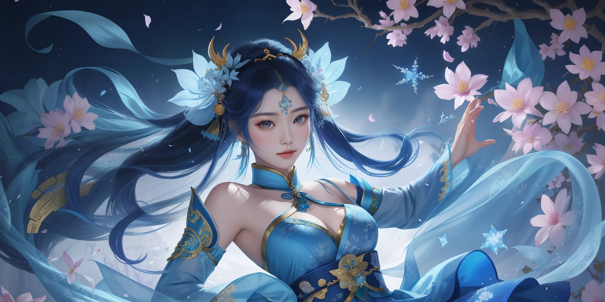 Close-up of a drawing of a woman wearing a blue dress，Petals flutter around her, EtherealBeauty, Asian woman water element, chinese fantasy, Queen of the Sea Mu Yanling, ancient chinese beauti, Beautiful teenage girl, beautiful fantasy maiden, fantasy beautiful, Belle peinture de personnage, ChineseGirl, with frozen flowers around her, xianxia fantasy, chineseidol, Chinese woman