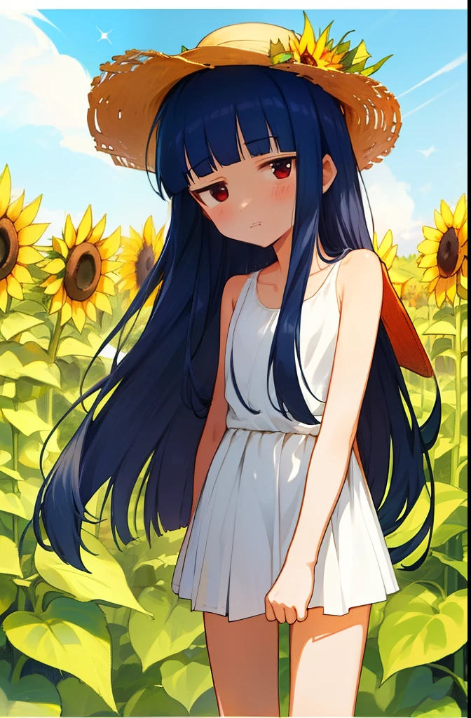 yukimi, 10 yo., long hair, blunt bangs, flat chest, expressionless, red eyes, shy, white one-piece, tan, a straw fedora hat, Sunflower field, standing, Smile,