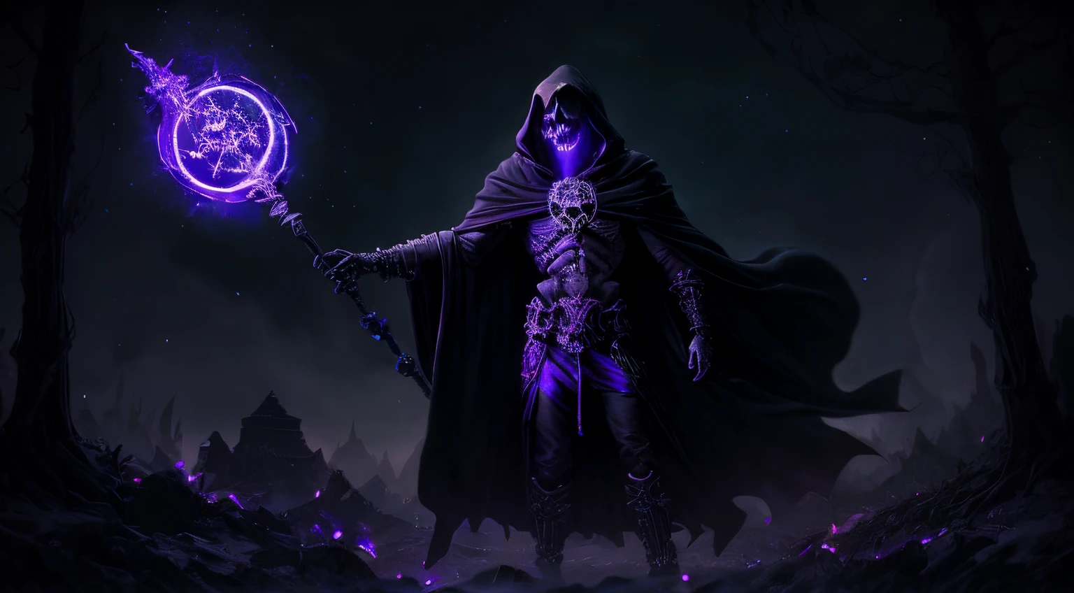 a dark runic skeleton lich, black gold skeleton, magical void energy, glowing eyes,holding a long staff with two hand, casting a spell, energy cracking, dressed in a luxury cloak, astral skulls floating around, earth and rock floating with energy as the lich hold, Detailed glowing runic line floating around, bones and skulls lays on the ground, dark purple energy, floating in the air, energy chain, magic circle on the ground. Broken pieces of a destroyed planet blanket the night sky. Dark step pyramid with mausoleum at the peak in background. Legions of skeletal figures roam the landscape with a purple glow about them. Burning green and gold sigils in the sky.