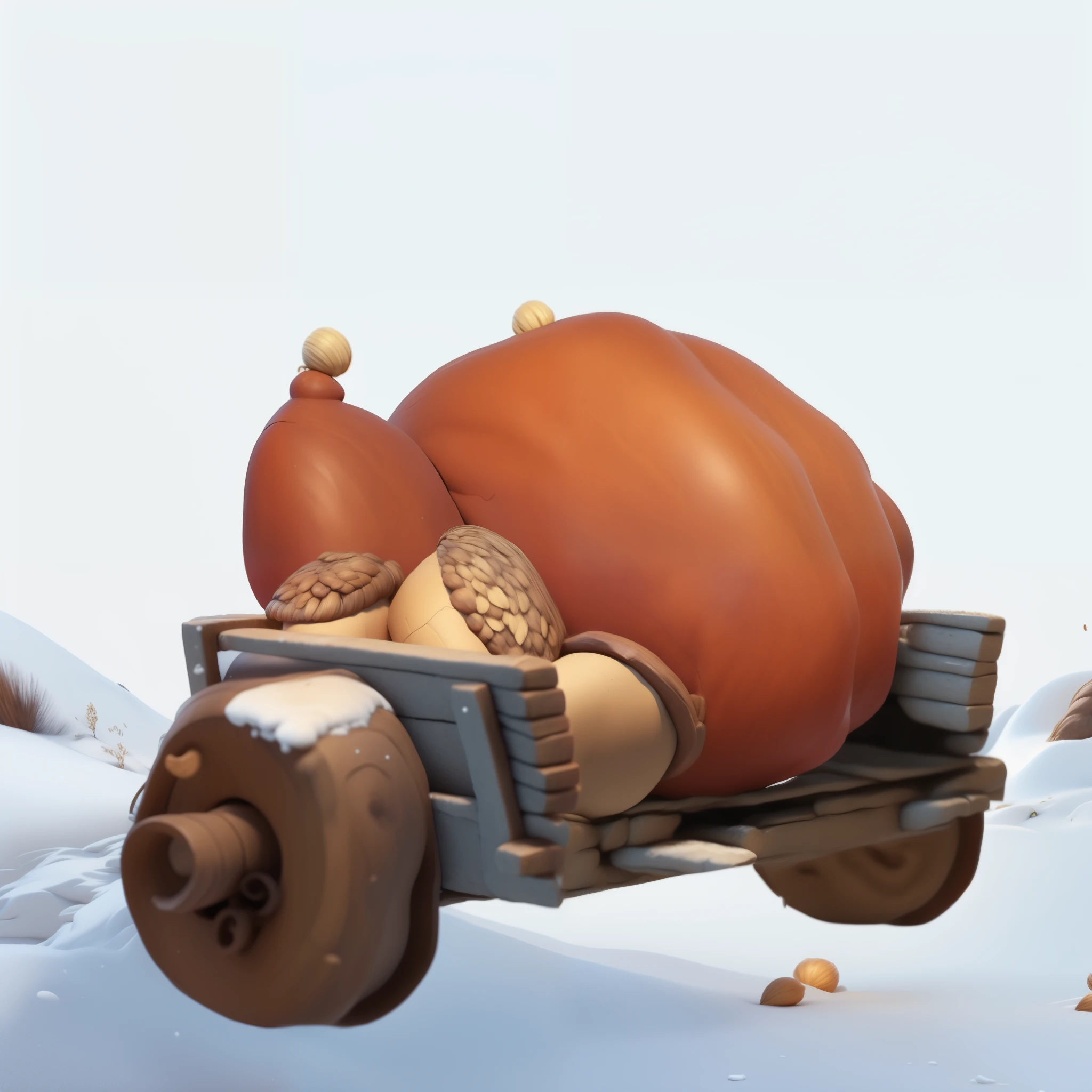in the snow,small wooden cart with food,Turkey and hazelnuts on wooden cart