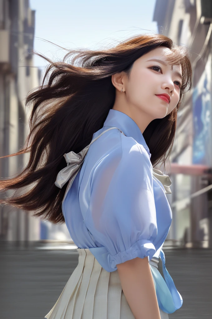 ( (8K:1.27), Best quality at best, tmasterpiece, 超高分辨率:1.2) photore,Beautiful Chinese woman (big breasts beautiful:1.1) (The clothes ar:1.21) ,ellegance、fanciful、the detail、geomerty、Gradient lighting,1girll, Delicate skin, looking at viewert, Brown eyes,ssmile ,(fashion hair:1.2), (Large breasts:1.0), (medium areolae:0.8), (realisticlying:1.4), (Best picture quality:1.0), (超高分辨率:1.0), 8K, RAW photos, (tmasterpiece:0.2), (PureErosFace_V1:0.5)