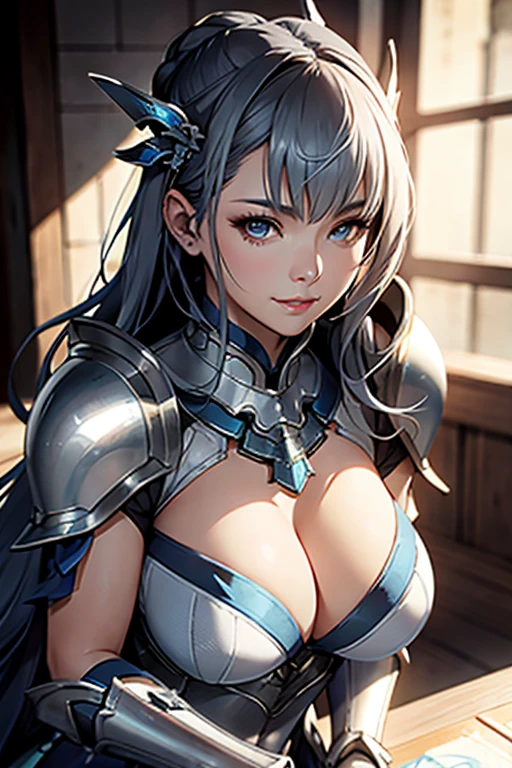 close up shot of a woman in a silver and blue dress, silver armor, large breasts, cleavage, chengwei pan on artstation, by Yang J, detailed fantasy art, stunning character art, smile