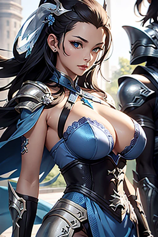 close up shot of a woman in a silver and blue dress, silver armor, large breasts, cleavage, chengwei pan on artstation, by Yang J, detailed fantasy art, stunning character art