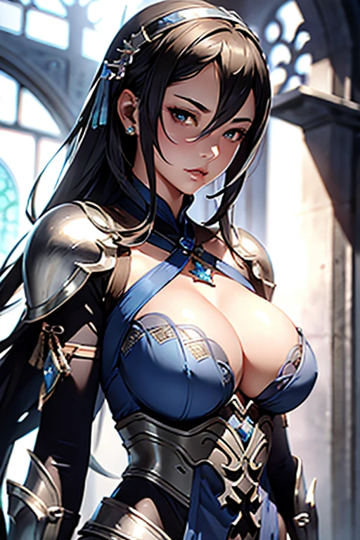 close up shot of a woman in a silver and blue dress, silver armor, large breasts, cleavage, chengwei pan on artstation, by Yang J, detailed fantasy art, stunning character art