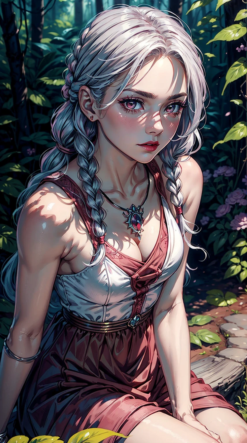 (masterpiece), best quality, expressive eyes, perfect face, upper body, beautiful face, mature woman, focused, beautiful eyes, crimson eyes, medium silver hair, small braids, elegant dress, magical forest background, front view, close up, pink lipstick, pink blush