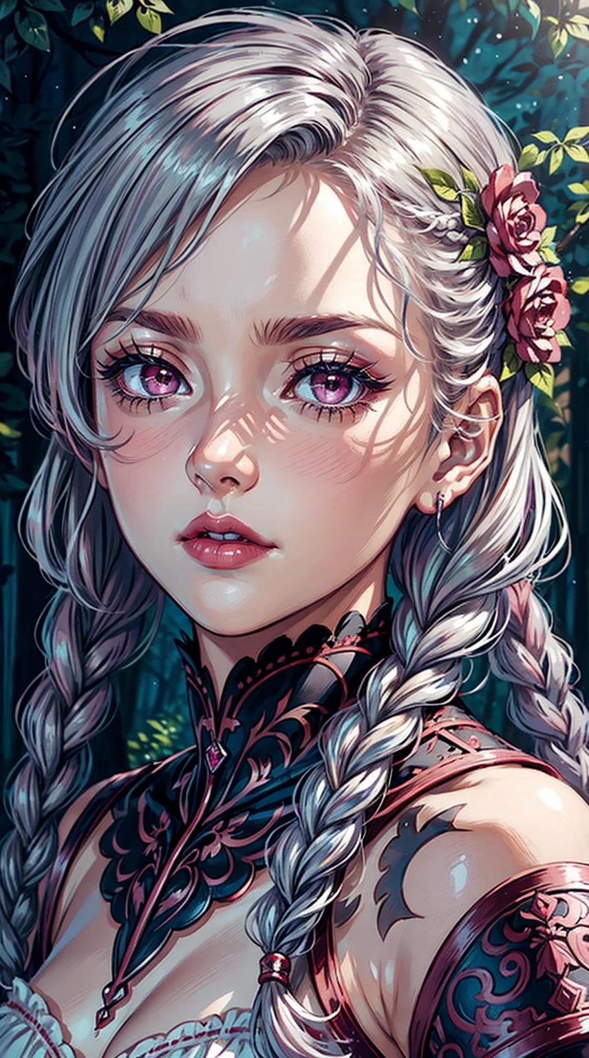 (masterpiece), best quality, expressive eyes, perfect face, upper body, beautiful face, mature woman, focused, beautiful eyes, crimson eyes, medium silver hair, small braids, elegant dress, magical forest background, front view, close up, pink lipstick, pink blush