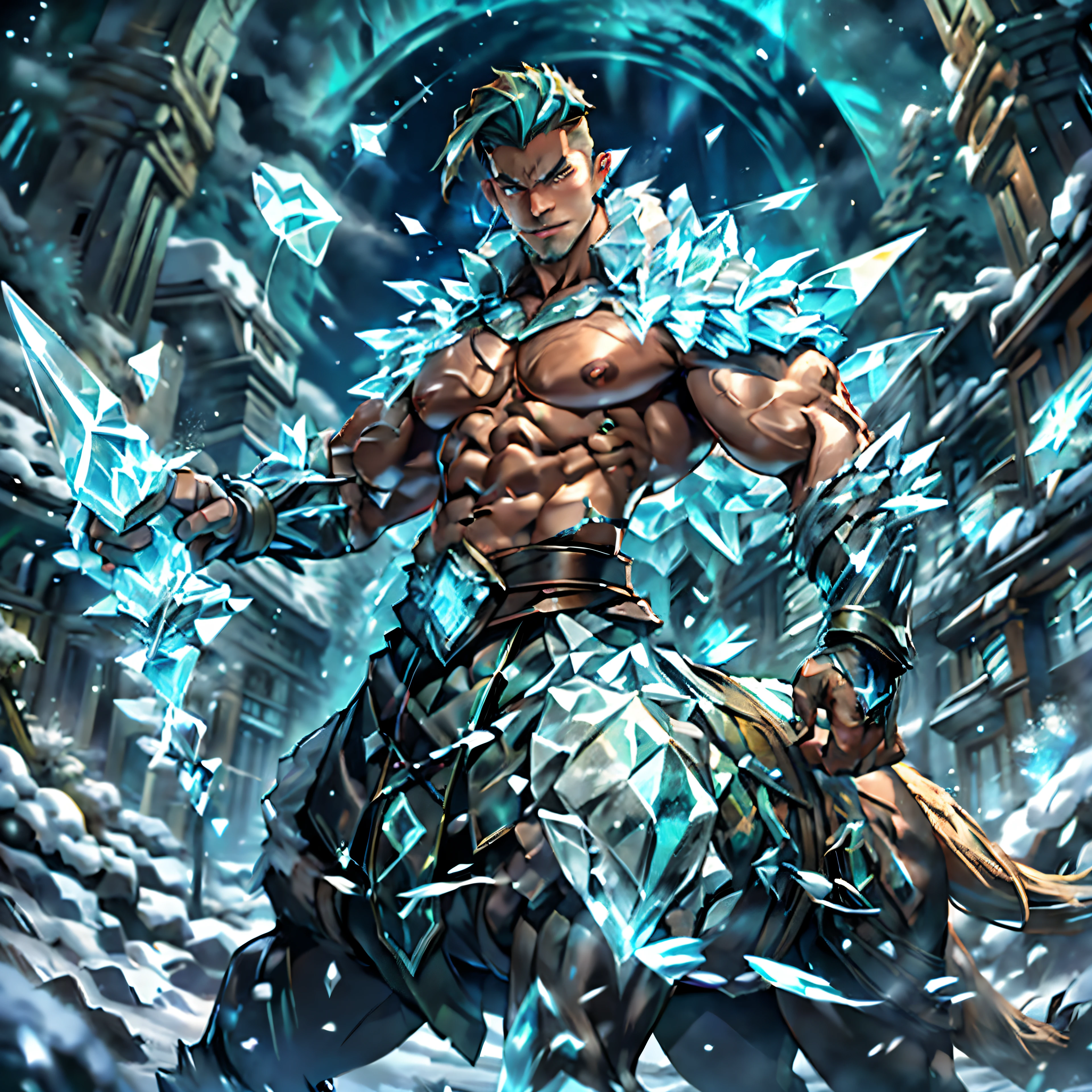(Green short hair), (((male centaur))), ((bodybuilder)), ((very muscular)), ((broad chest)), ((thick pectorals)), abs, (((small waist))), ((big biceps)), ((large )), ((glans)), ((testicles)), ((nipple piercings)), snowy mountain, pine trees, aurora borealis, night sky, (veiny horse :1.0), extra arms, ExtraArms, tanned skin, erection, flaccid , erected , mature, dapper, stubbles, undercut hairstyle, cryomancer, crystal4armor