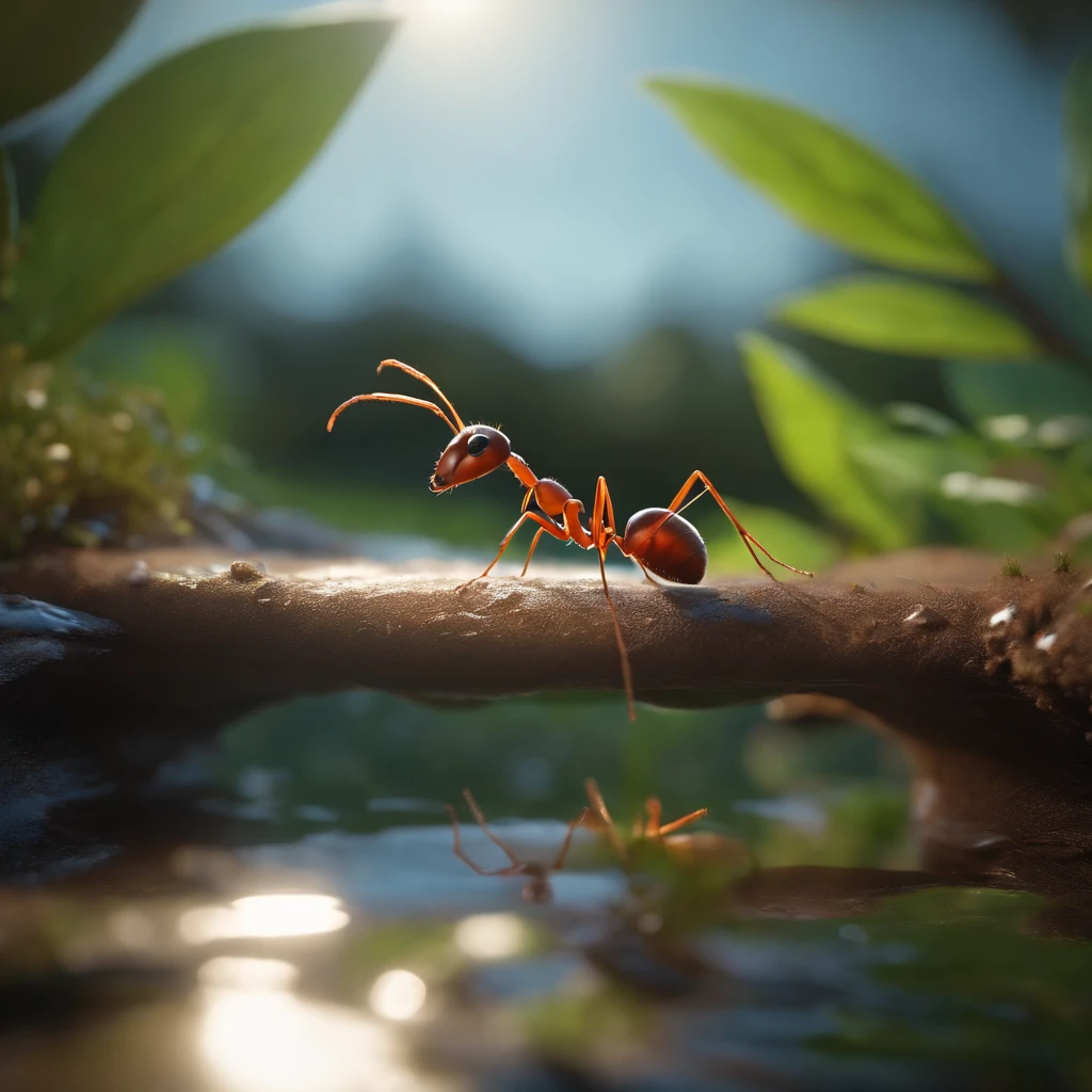 An ant looking in the mirror by the stream,Ant uses stream as mirror,High-angle lens shooting,photorealistic cinematic render, Cinematic 3D rendering, Realistic CGI rendering, Depicted as a 3D rendering