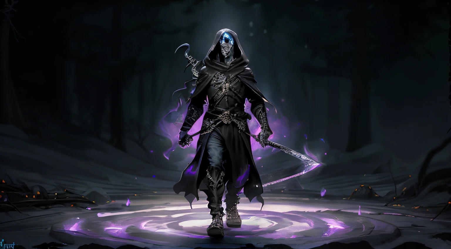arafed image of a man with a sword in a dark forest, dark cloaked necromancer, undead mage, necromancer, male necromancer, dark hooded wraith, ghostly necromancer, portrait of the old necromancer, portrait of the necromancer, arcane concept art