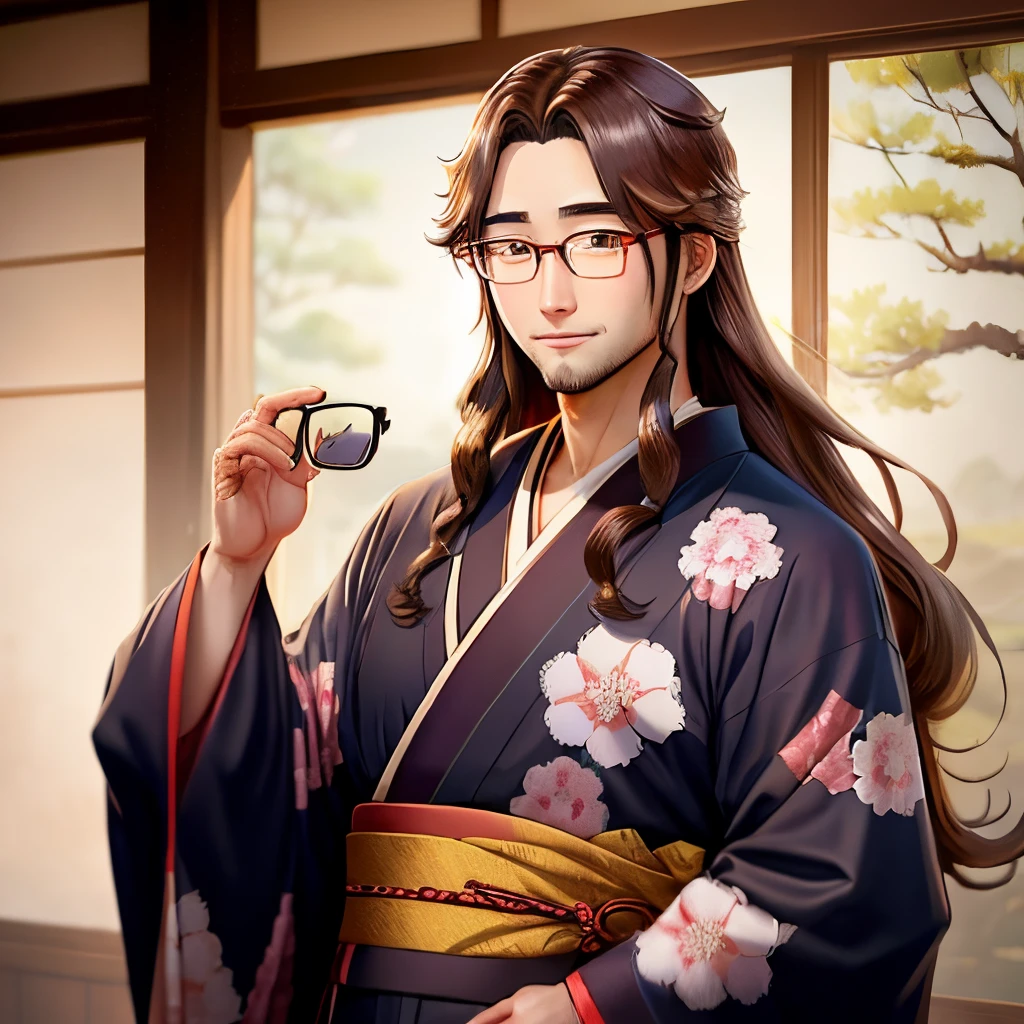 kimono　male people　age 30s　eye glasses　Long hair　Brown hair　japanes　Anime style