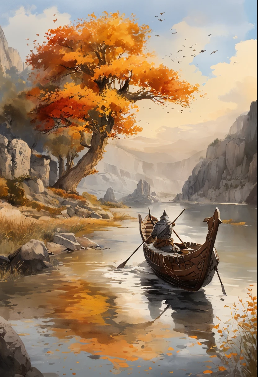 painting of a man in a boat on a river with a tree, epic elder scrolls art, elder scrolls art, by Ásgrímur Jónsson, fantasy. gondola boat, skyrim art, 4k fantasy art, 8k fantasy art, fantasy art landscape, by Jesper Ejsing, beautiful art uhd 4 k, detailed painting 4 k
