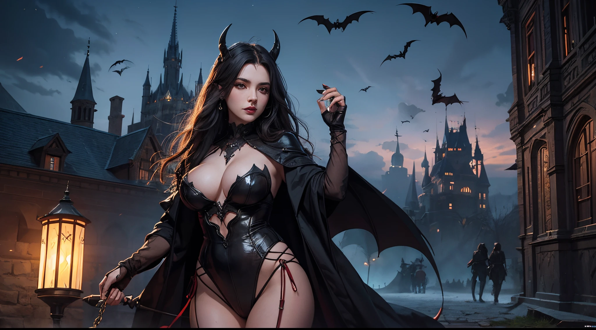 Countless bats gather into a sexy female devil，Medieval castle in background，the night，Meniscus